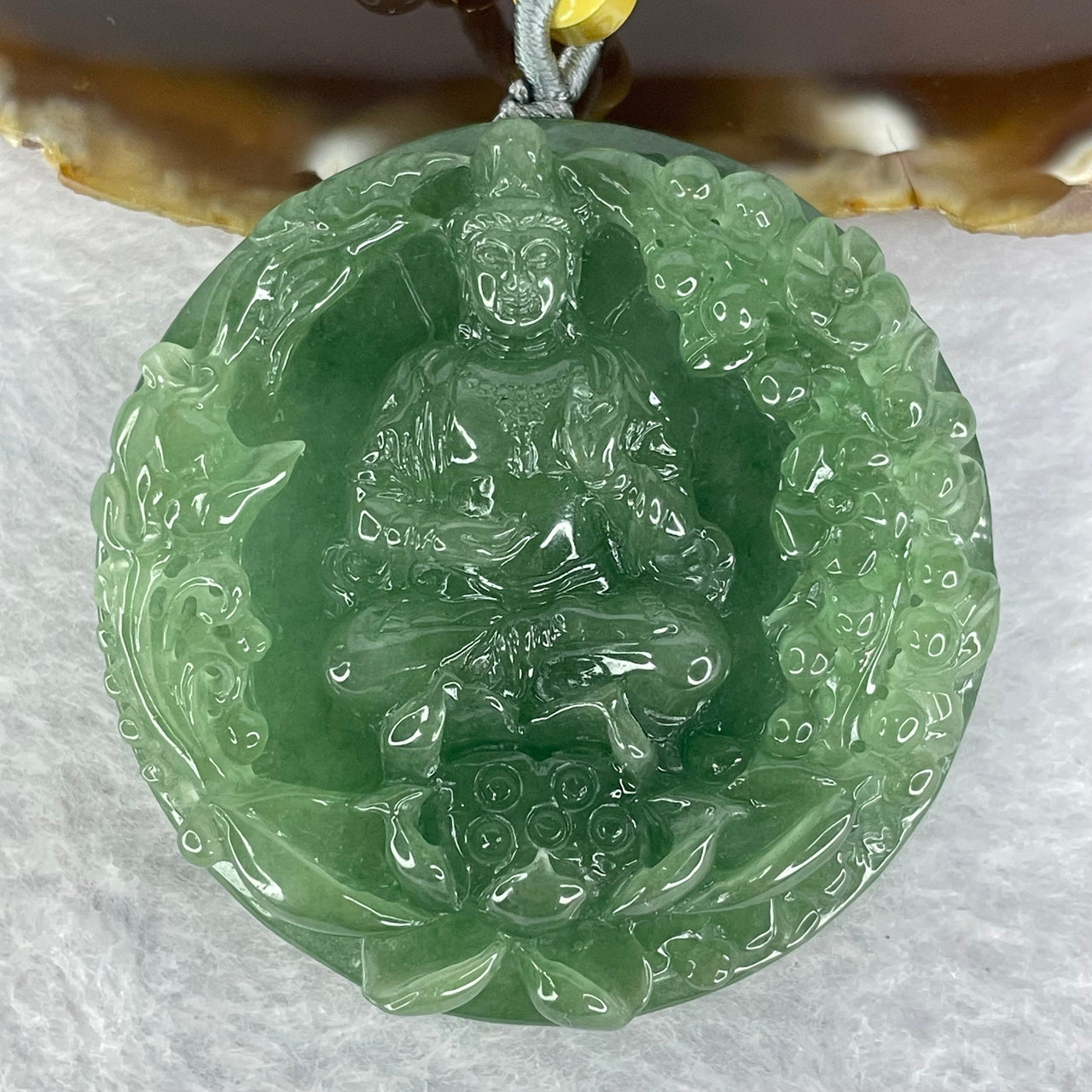 Golden Award Grand Master Type A Semi Icy Intense Green Jadeite Guan Yin on Lotus with Flowers 花开富贵观音 Pendant 62.02g 53.0 by 11.2mm