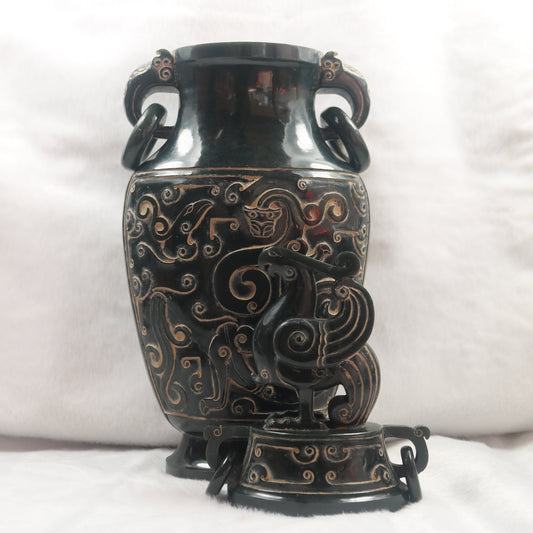 Rare Antique Natural Dark Green Nephrite Dragon Phoenix Bird Vase 2,047.6g 145.0 by 90.0 by 360.0mm