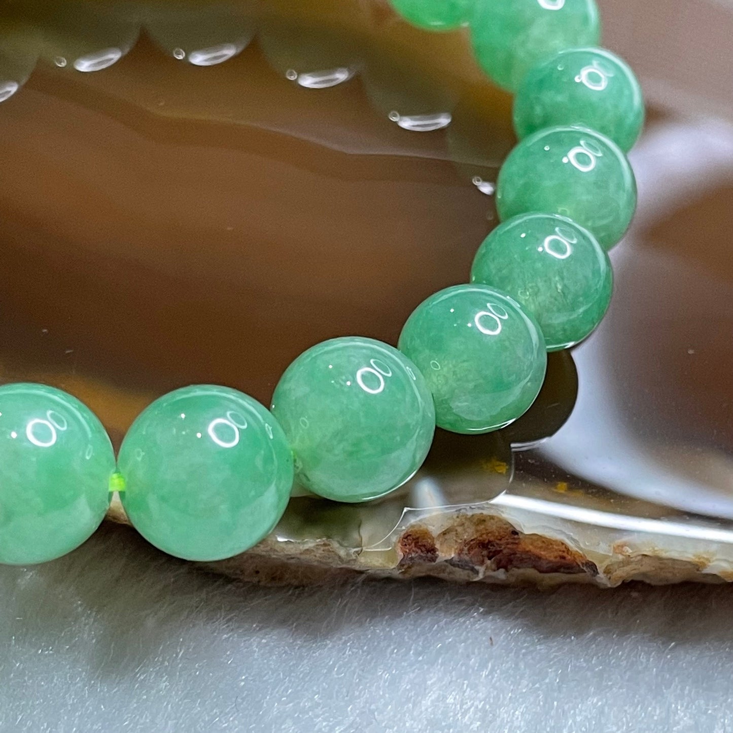 Rare Type A Semi Icy Full Green Jade Jadeite Beads Bracelet & Yellow Jade Ingot 35.34g 10.0mm/bead 18 beads
