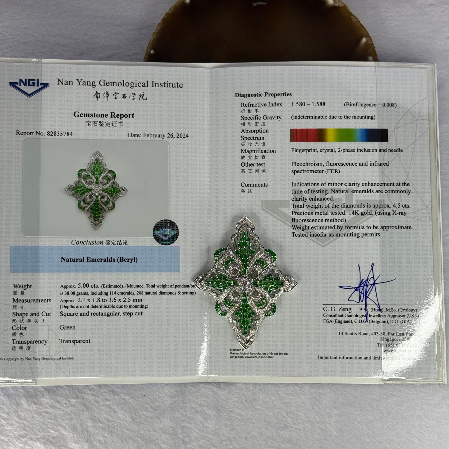Natural Emeralds (Beryl) Approx. 5.00 cts. Total Weight 38.08g including 114 Emeralds, 208 Natural Diamonds in 14K White Gold with NGI Cert No. 82835784