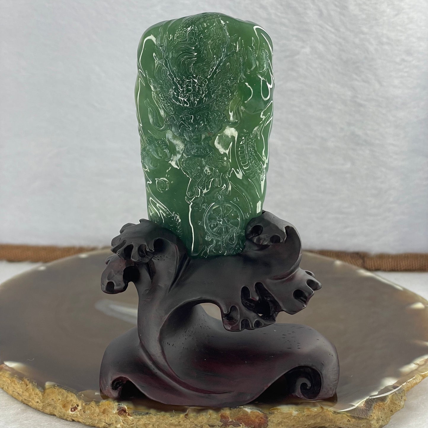 Very Rare High Icy Grand Master Type A Blueish Green Jadeite Fire Dragon with Fortune Wheel 53.03g 73.4 by 38.7 by 11.5mm with Wooden Stand