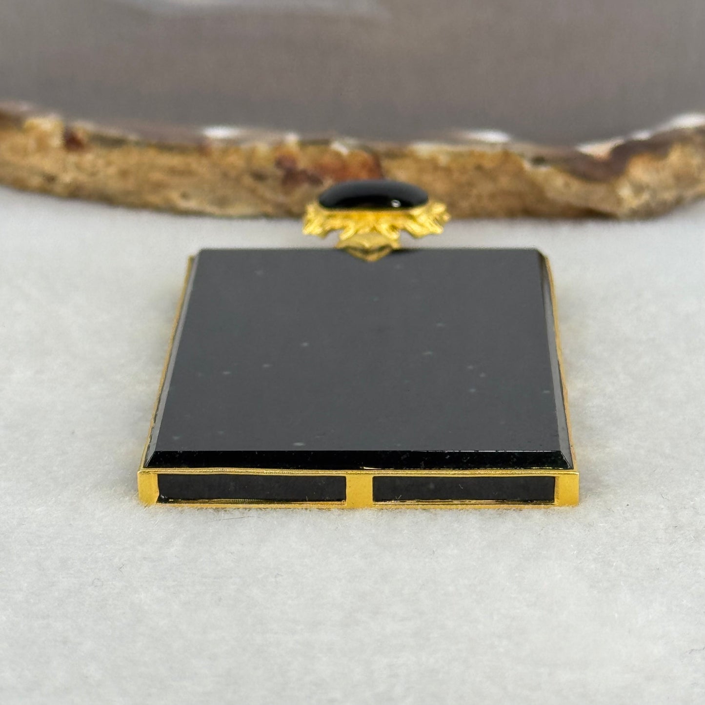 18k Yellow Gold Rare High Grade Fully Translucent Type A Black Jadeite Rectangle Wu Shi Pai Pendant 45.38g 61.8 by 41.2 by 4.8mm