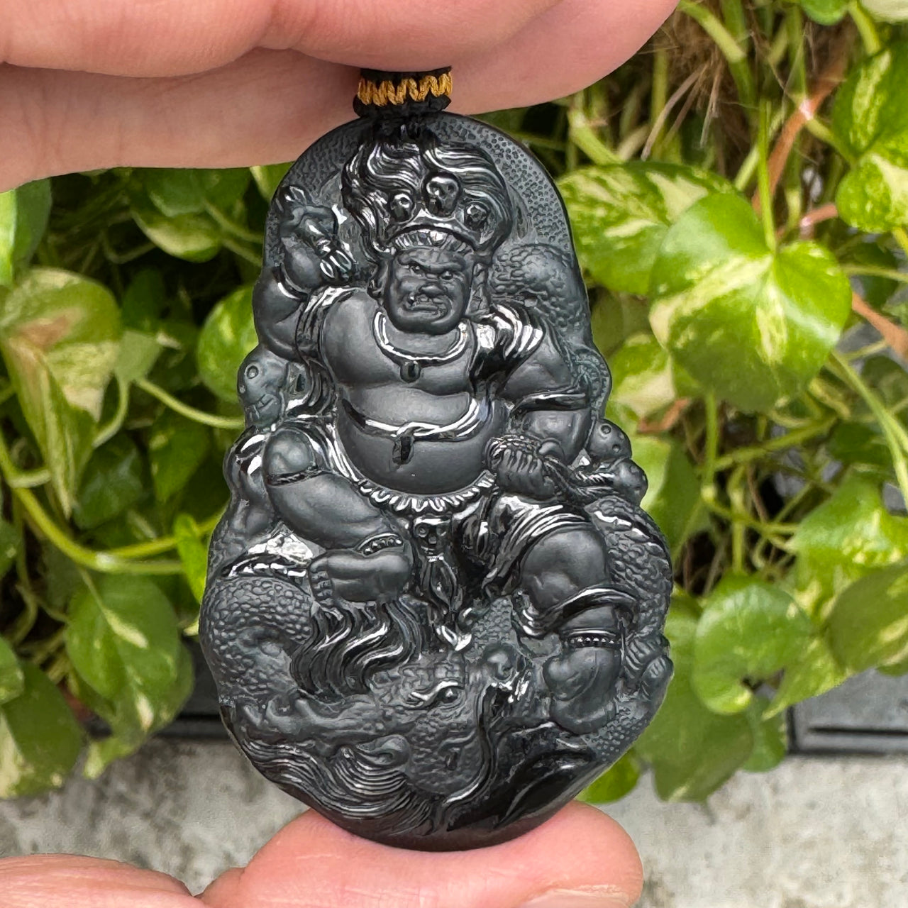 Rare Grand Master Type A Fully Translucent Black Omphacite Jadeite Da Hei Tian Daikokuten God of Fortune 大黑天 Pendant 26.52g 59.4 by 38.7 by 5.2mm