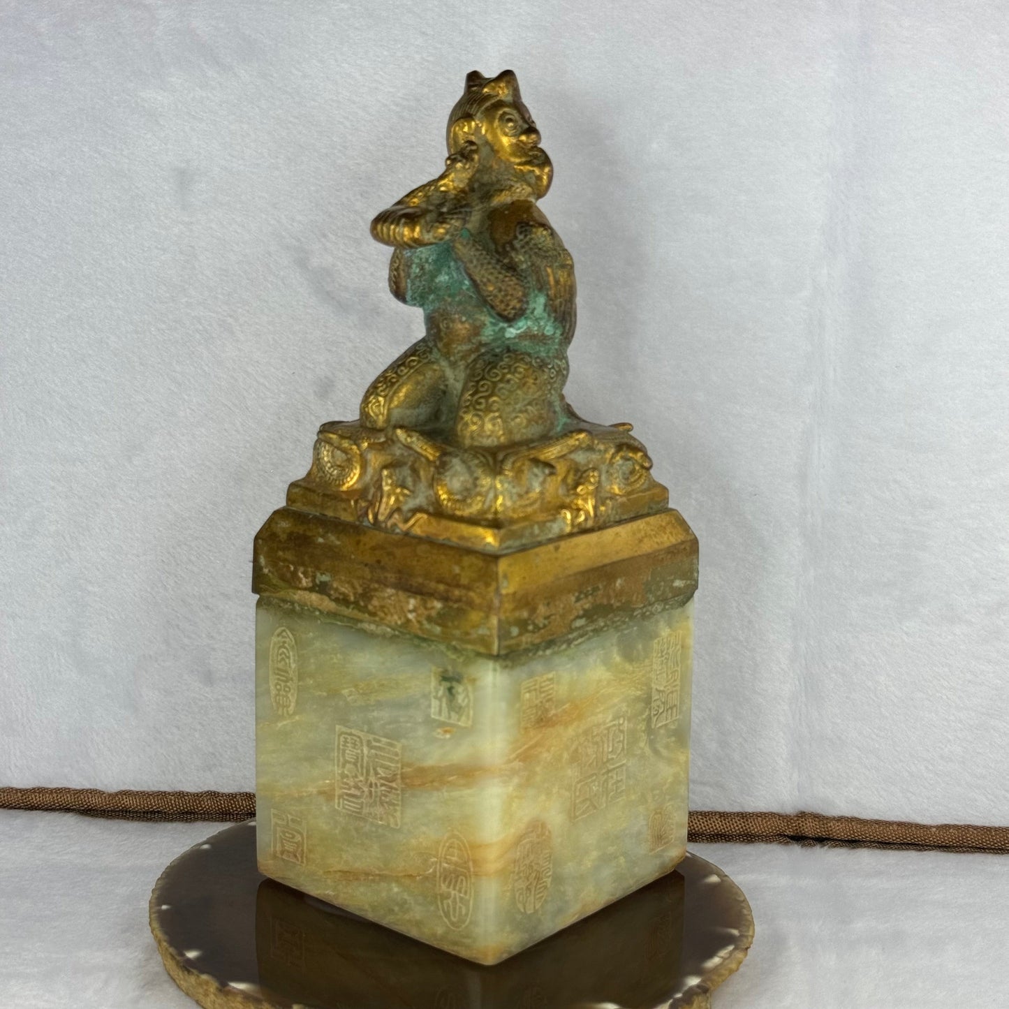 Rare Antique Nephrite with Copper Bird with Monkey Face with Snakes and Frogs Seal 2,751.6g 85.0 by 85.0 by 220.0mm