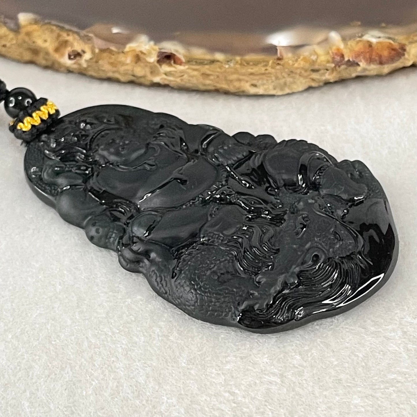 Rare Grand Master Type A Fully Translucent Black Omphacite Jadeite Da Hei Tian Daikokuten God of Fortune 大黑天 Pendant 26.52g 59.4 by 38.7 by 5.2mm