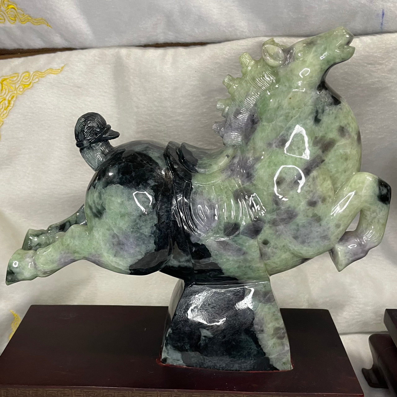 Type A Green with Lavender Jadeite Pair of Horses with Wooden Stand Display 9,530g Dimensions with Stand 30 by 28 by 12cm Jade Dimensions: 28 by 24 by 9cm