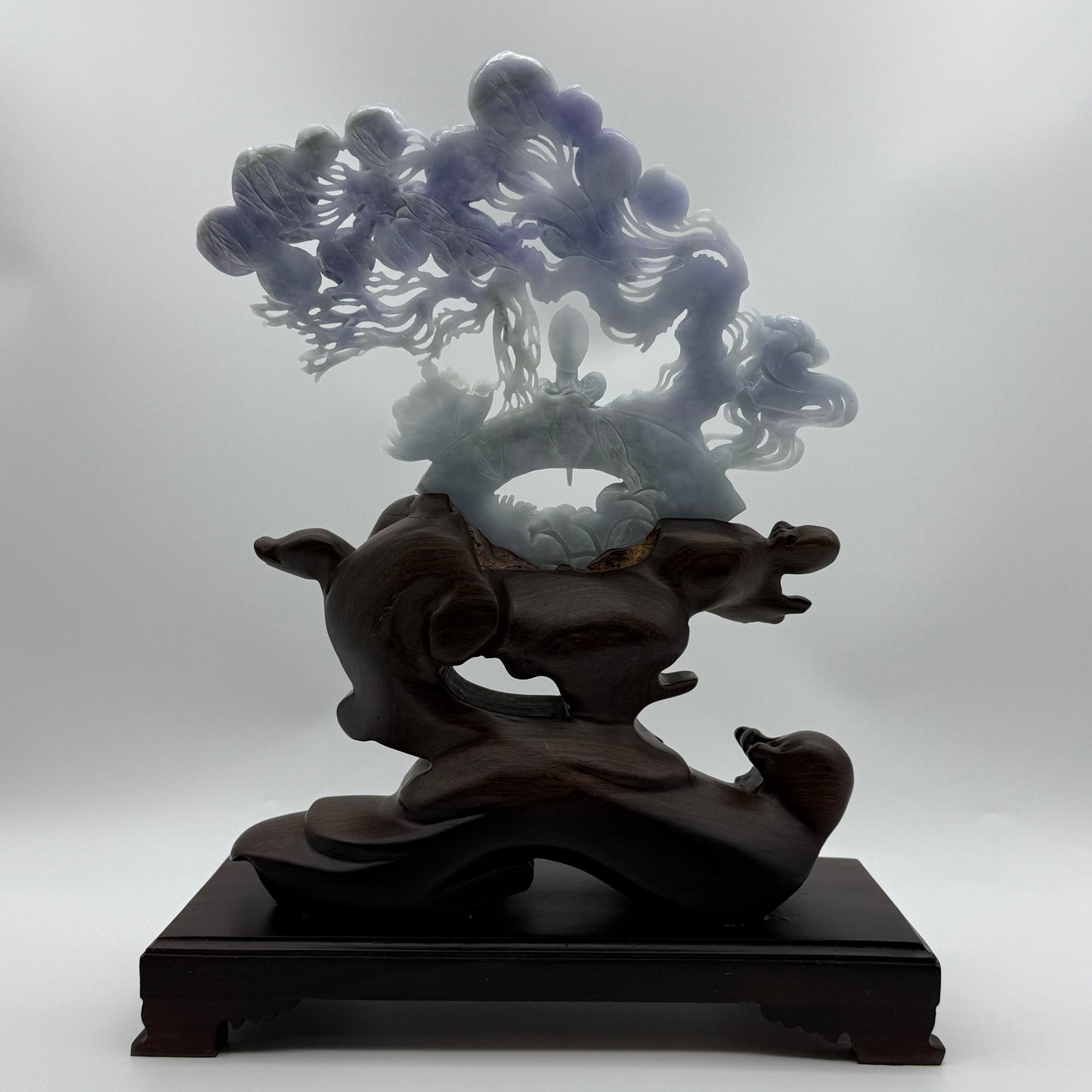 Rare Type A Deep Lavender Jadeite Gui Ren with Longevity Peaches & Lotus 470.0g 23.0 by 19.0 by 1.36cm with wooden stand 2285g 25.0 by 12.0 by 32.0cm