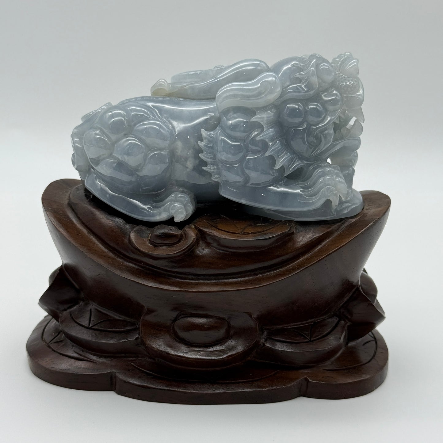 Type A Blueish Lavender Jade Jadeite Pixiu & Ruyi Display with Wooden Stand: Pixiu: 373.1g 93.1 by 43.1 by 43.7mm With Stand: 747.5g 215.4 by 111.5 by 99.6mm