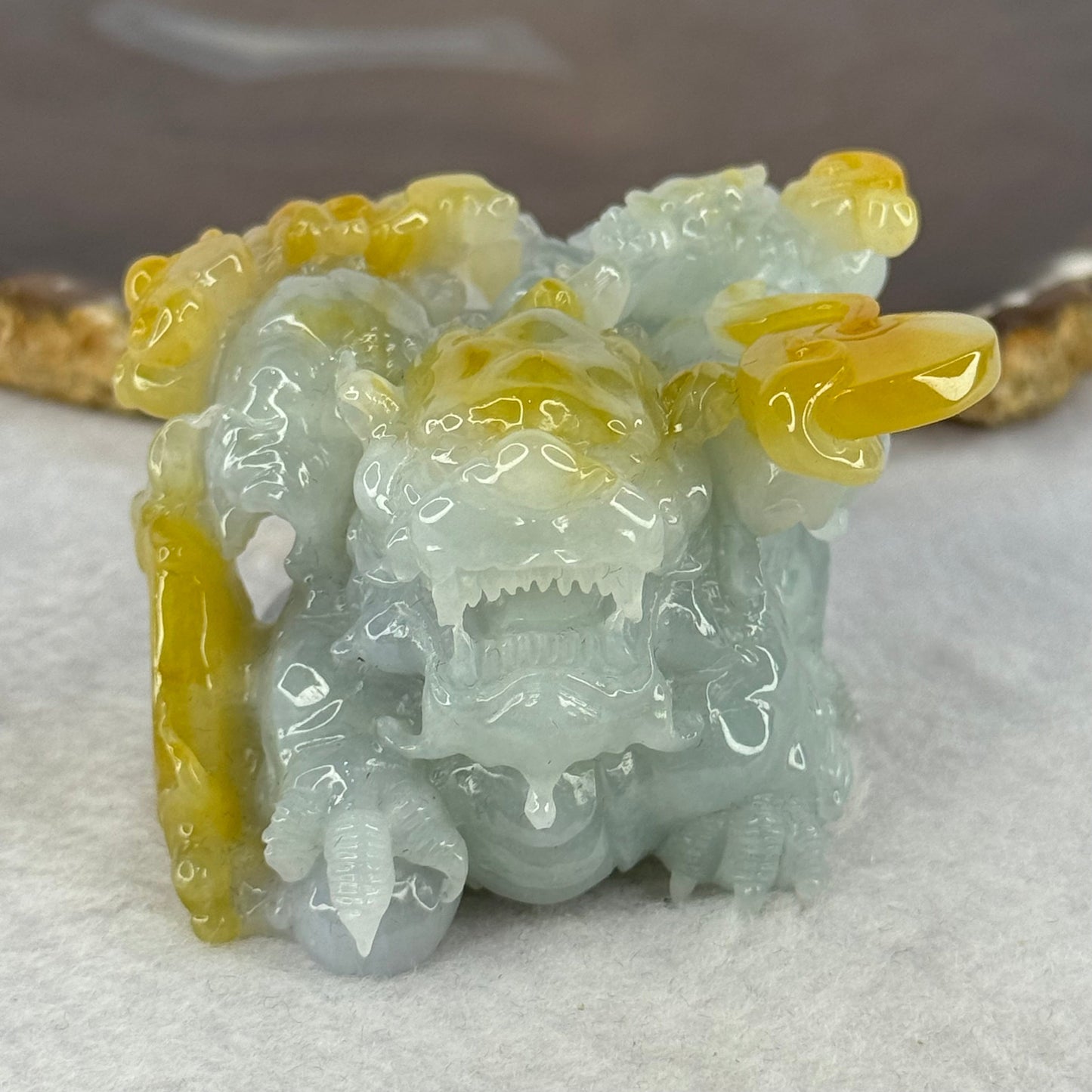 Rare Grand Master Type A Green with Lavender and Yellow 3D Flying Pixiu with Baby, Ruyi and Coins 大师A货三彩翡翠飞天貔貅摆件 185.14g 41.0 by 64.3 by 48.0mm with Wooden Stand