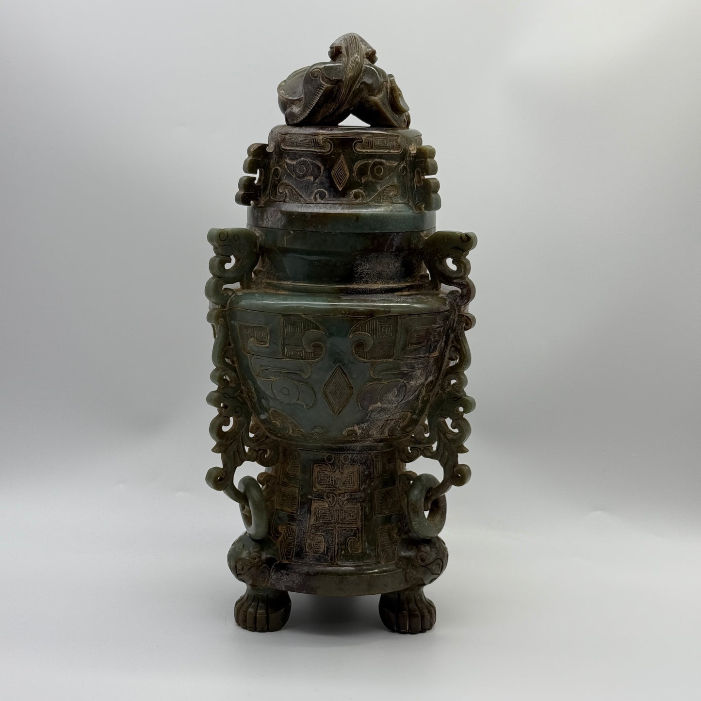 Rare Antique Natural Green with Brown Patches Nephrite Pixiu Vase 3,113.3g 148.0 by 160.0 by 335.0mm