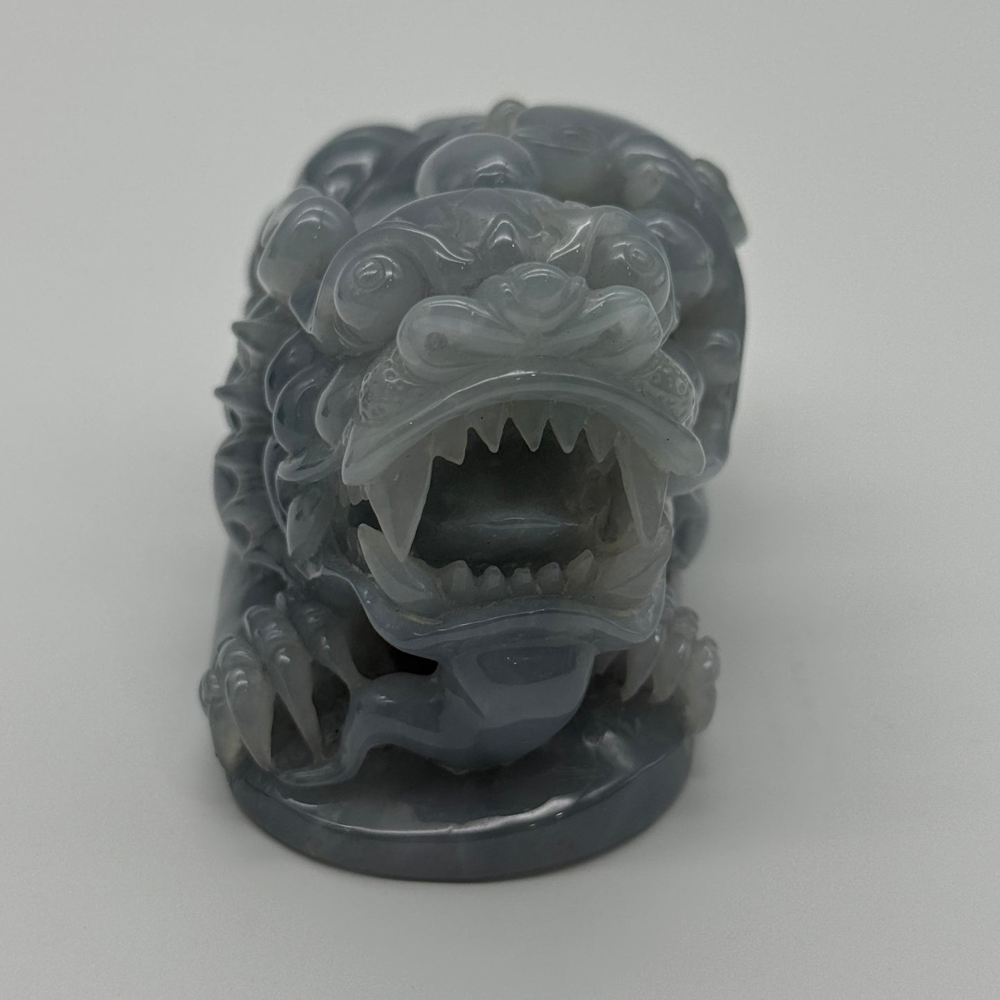 Type A Blueish Lavender Jade Jadeite Pixiu & Ruyi Display with Wooden Stand: Pixiu: 373.1g 93.1 by 43.1 by 43.7mm With Stand: 747.5g 215.4 by 111.5 by 99.6mm