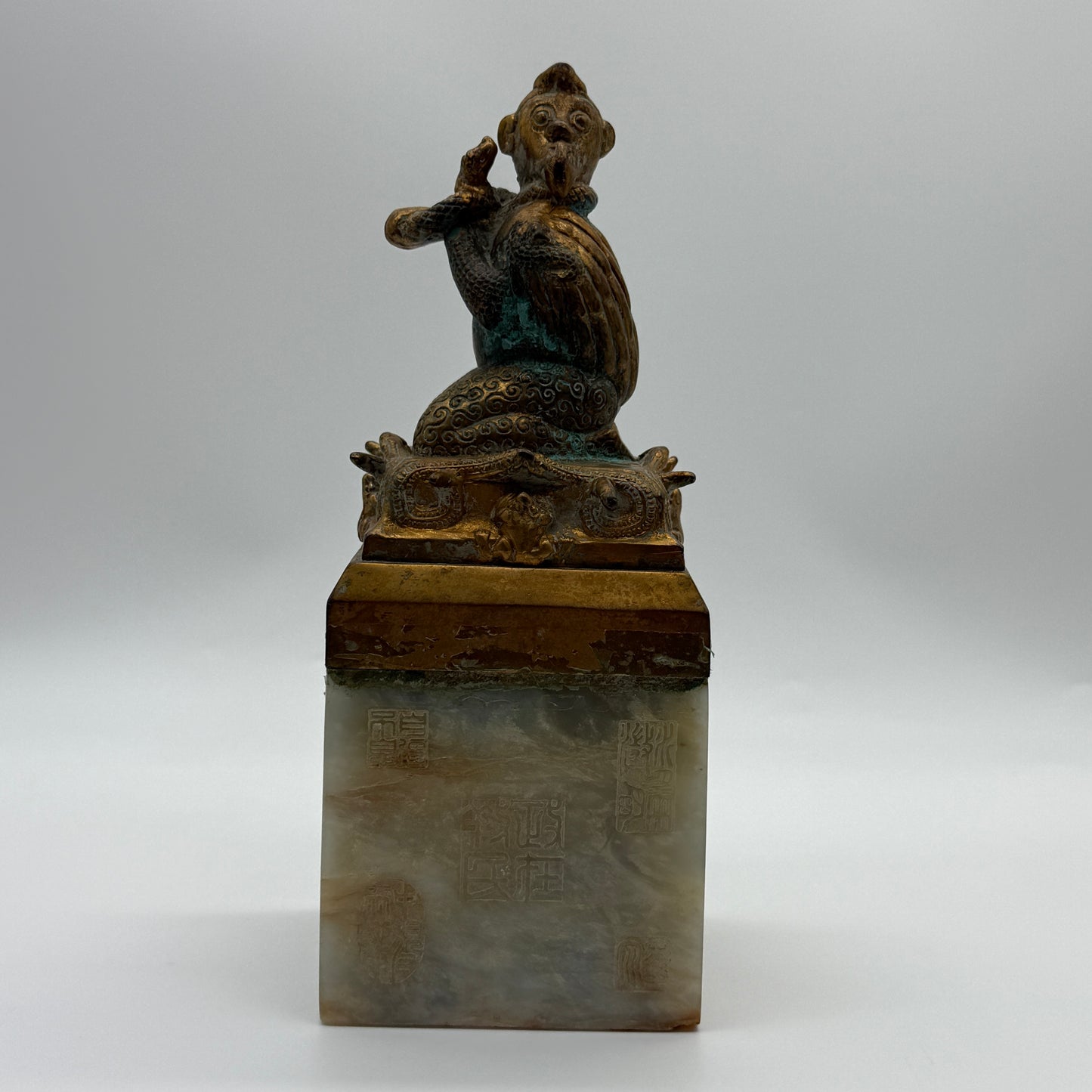 Rare Antique Nephrite with Copper Bird with Monkey Face with Snakes and Frogs Seal 2,751.6g 85.0 by 85.0 by 220.0mm