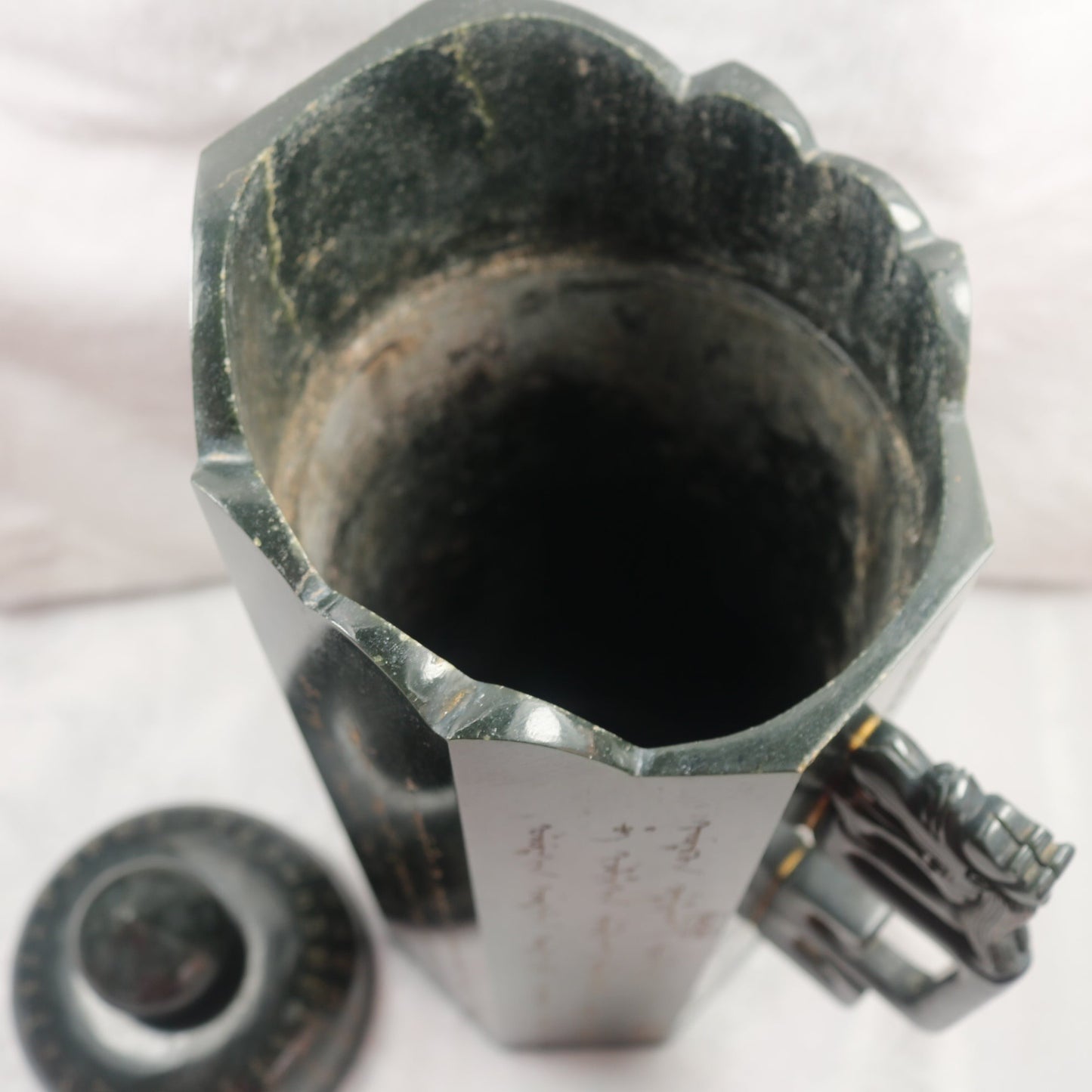 Rare Antique Natural Dark Green Nephrite Dragon Teapot Vase 2,567.3g 215.0 by 115.0 by 285.0mm