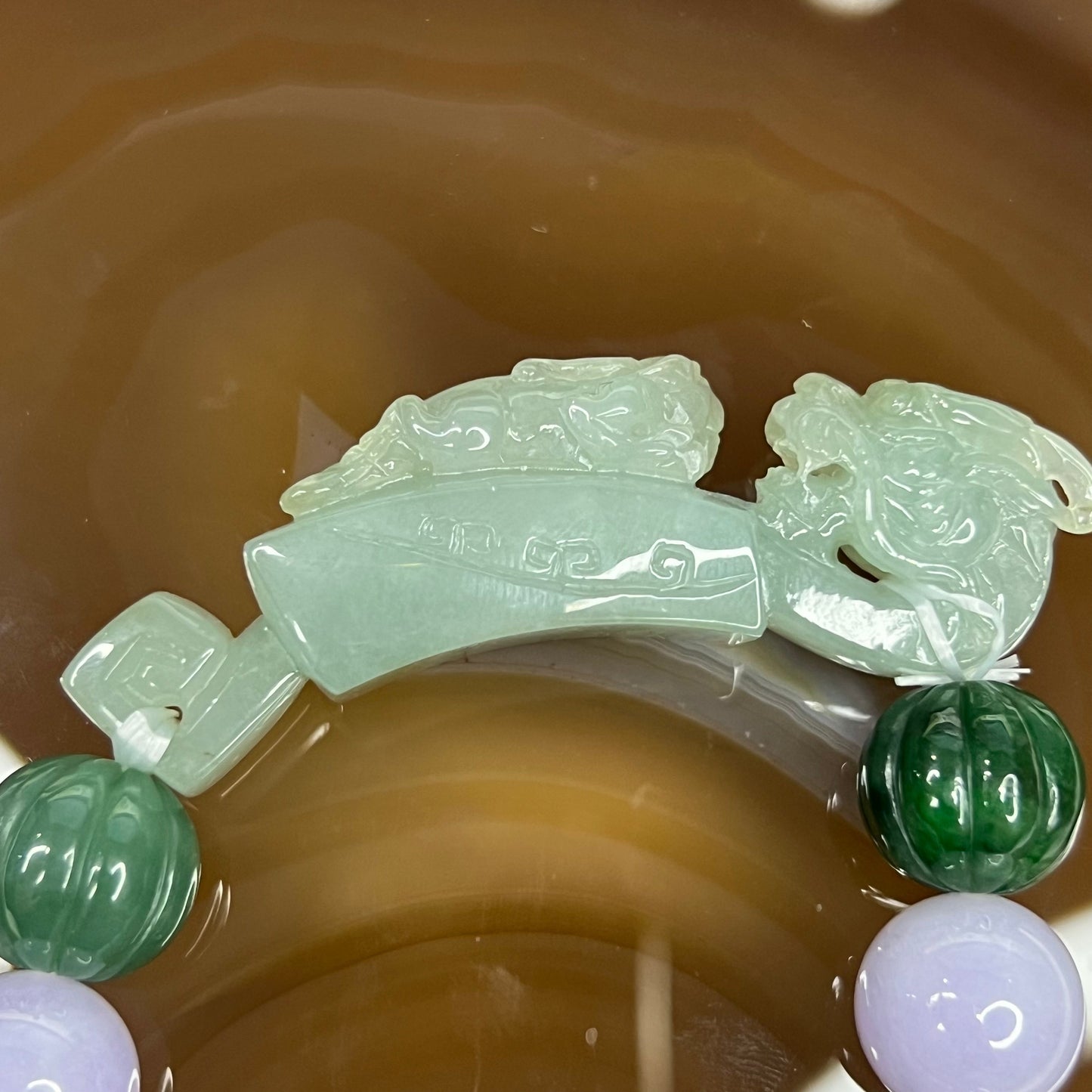 High End Type A Lavender and Green Jadeite Bracelet with Semi Icy Dragon and Pixiu Ruyi Charm 72.82g 13.4mm 11 Beads Charm Dimensions 63.3 by 14.3 by 18.4
