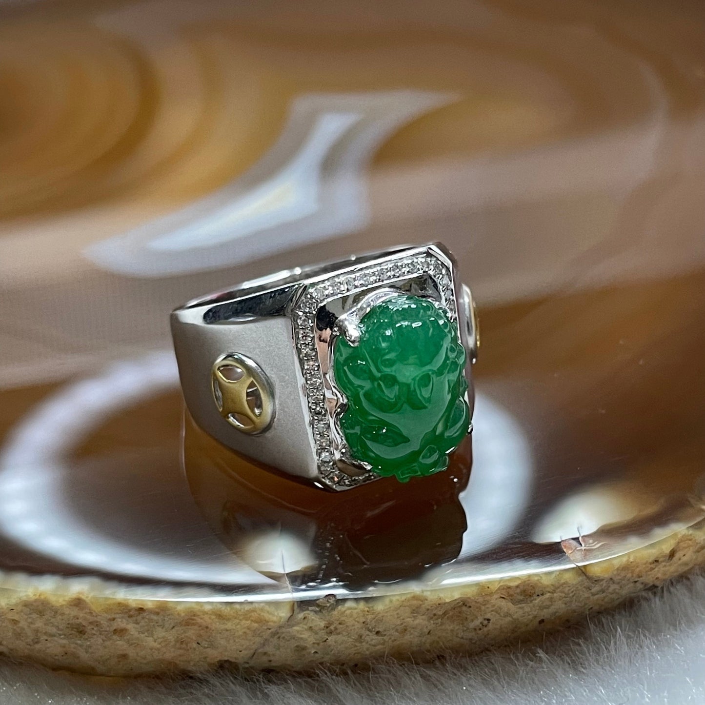 Rare Type A High Quality Yang Green Pixiu Jade Jadeite 18k white gold & Natural Diamonds 7.46g 16.3 by 10.2mm US8.5 HK19 with NGI cert