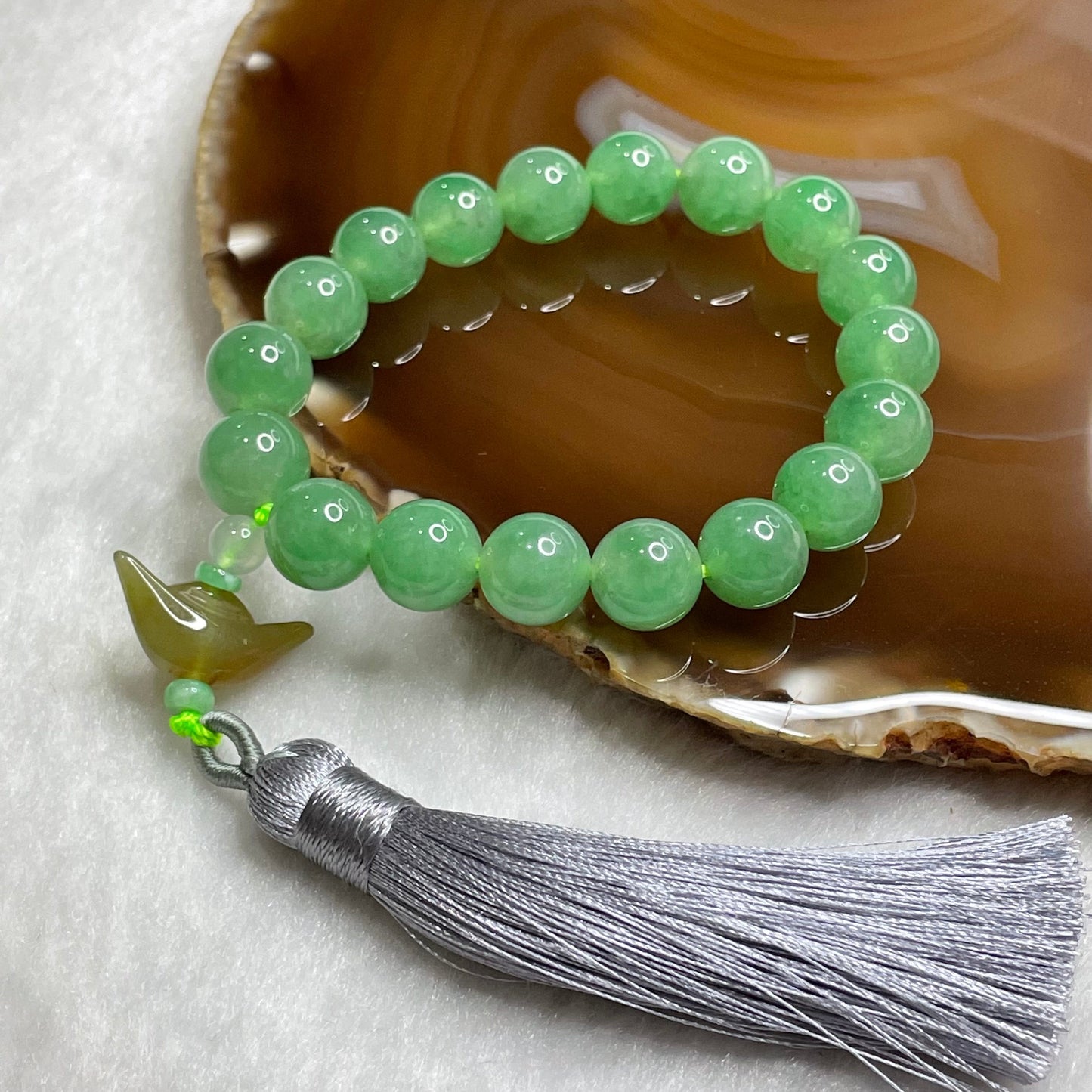 Rare Type A Semi Icy Full Green Jade Jadeite Beads Bracelet & Yellow Jade Ingot 35.34g 10.0mm/bead 18 beads