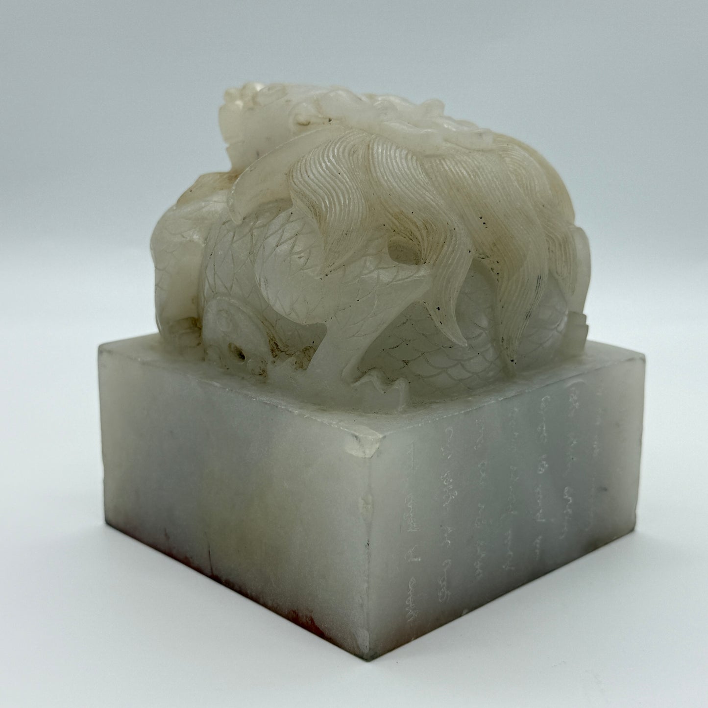 Antique Highly Translucent Yellowish White Nephrite Dragon Seal 2,439.8g 103.5 by 103.7 by 118.2g with Old Zitan Box Total 3,202.8g 136.8 by 137.2 by 168.0mm