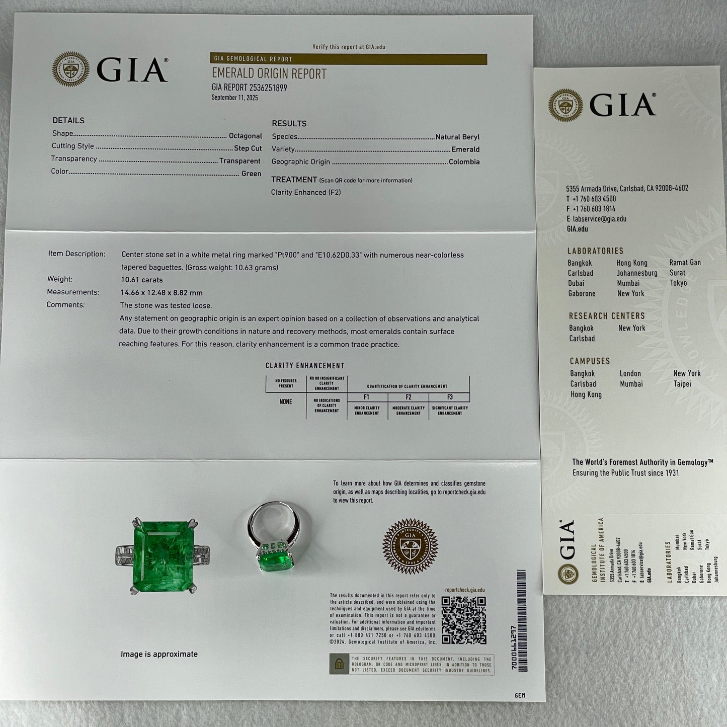 Rare Natural Columbian Green Emerald Beryl Faceted Step Cut Octagonal Shape 10.61Ct 14.66 by 12.48 by 8.82mm and Natural Diamonds 0.33ct Platinum PT900 Ring Total 10.63g US 6 HK 13 Inner Diameter 16.8mm GIA Cert