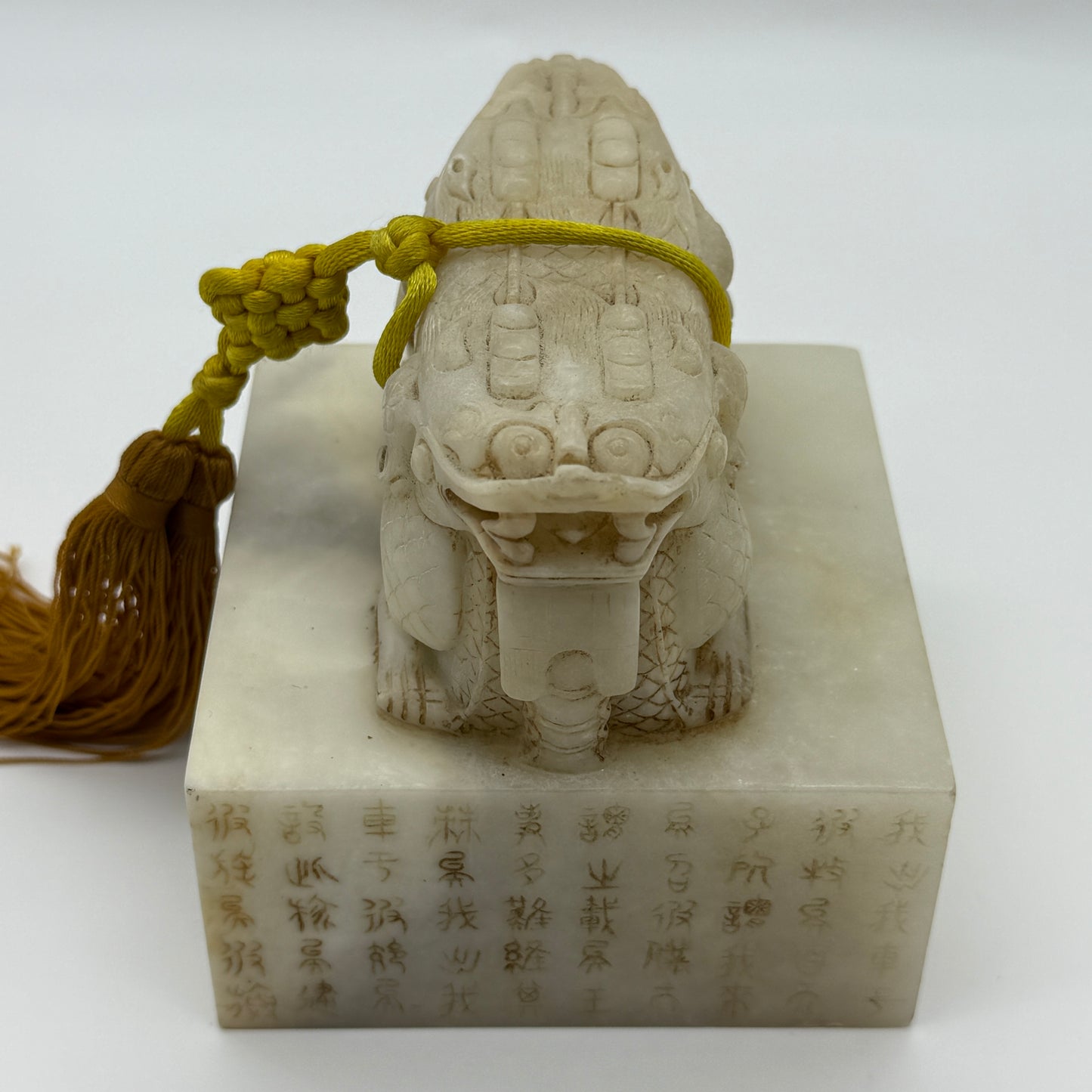 Rare Antique Natural Yellow White Nephrite Double Headed Dragon Seal 2,023.4g 101.4 by 101.0 by 110.0mm