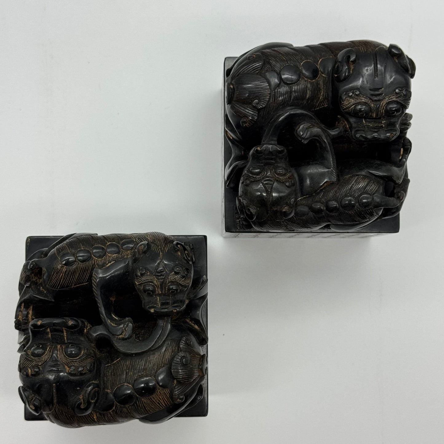 Rare Antique Natural Dark Green Nephrite Seal Pair of Twin Double Pixiu Stamp 5,596.2g 86.4 by 86.9 by 120.2mm with Wooden Box 355.0 by 165.0 by 190.0mm