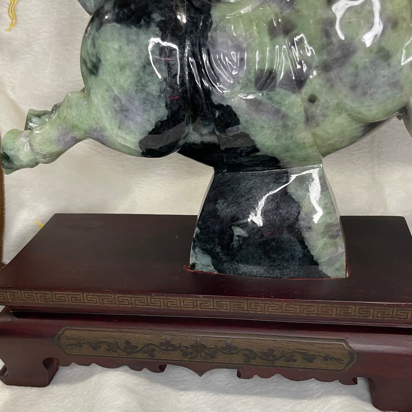 Type A Green with Lavender Jadeite Pair of Horses 马到成功 马上成功 马上发财 with Wooden Stand Display Piece - 9.53kg Dimensions with Stand: 30 by 28 by 12cm Jade Dimensions: 28 by 24 by 9cm
