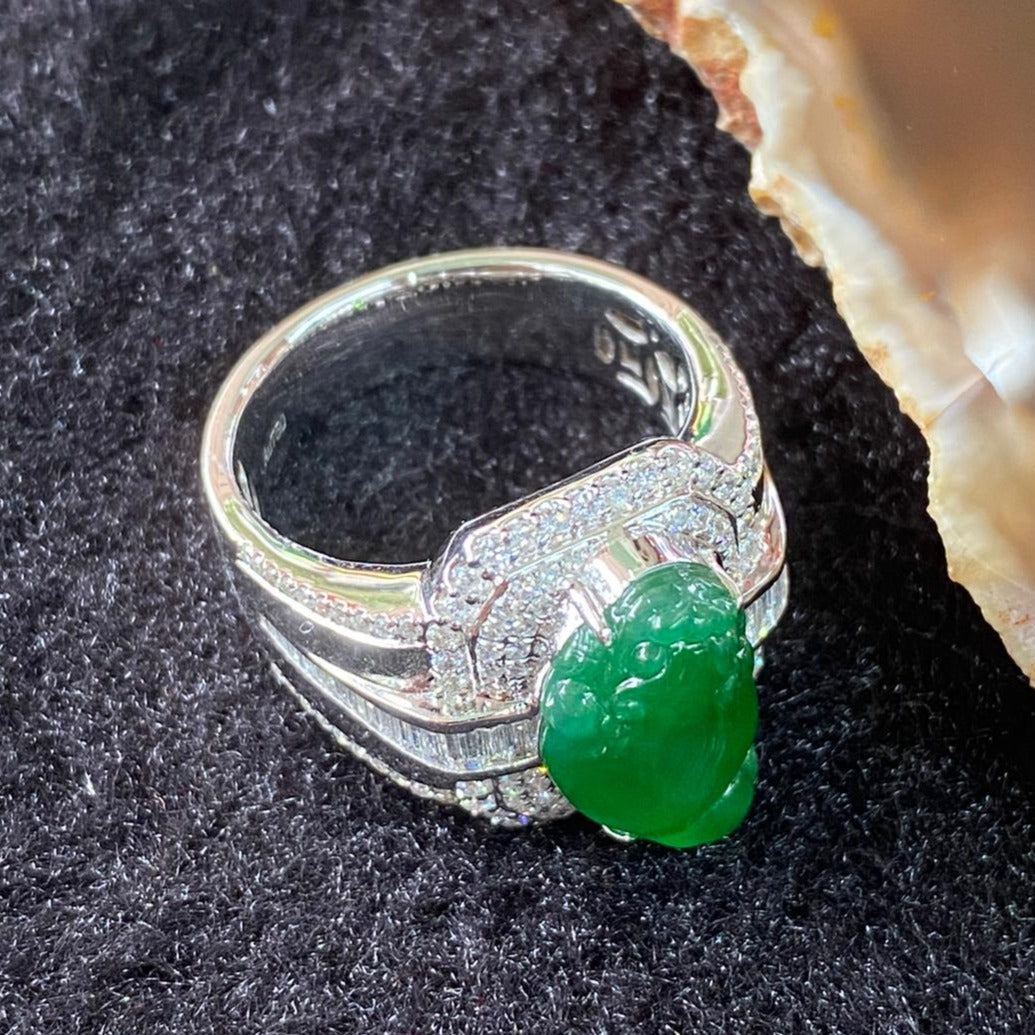 Rare Type A Burmese High End Jade Jadeite Chan Chu aka 3 Legged Frog Ring 18K White Gold & Diamonds - 14.99g US9.45 HK22 with NGI Cert