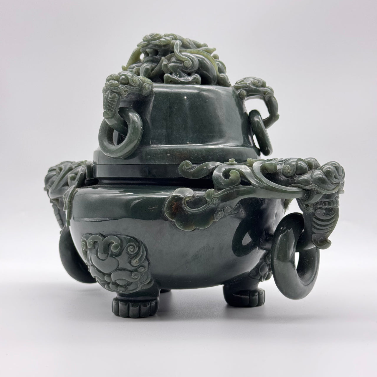 Rare Antique Natural Old Mine Dark Green Nephrite Dragon Incense Burner 2.952,1g 245.0 by 160.0 by 185.5mm