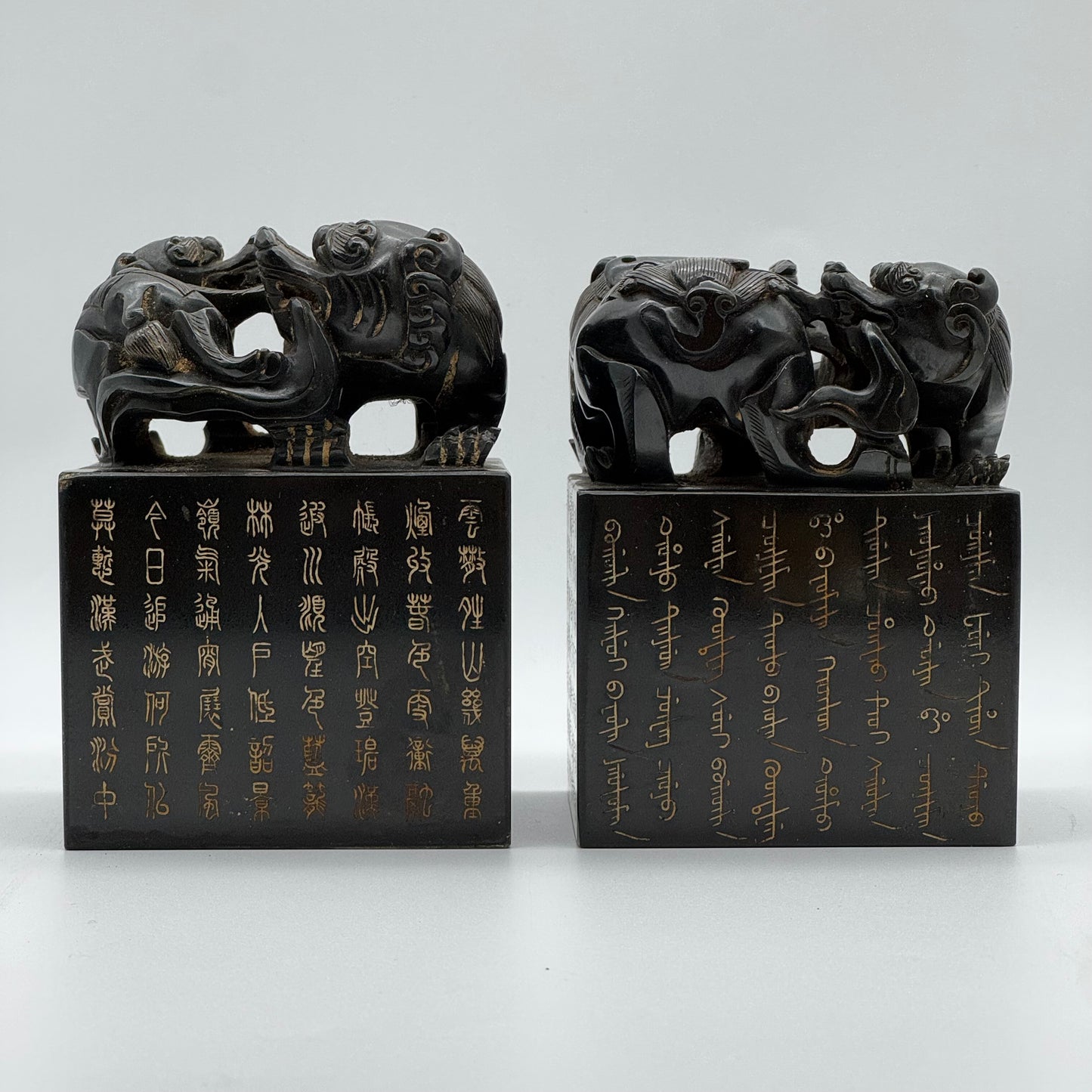 Rare Antique Natural Dark Green Nephrite Seal Pair of Twin Double Pixiu Stamp 5,596.2g 86.4 by 86.9 by 120.2mm with Wooden Box 355.0 by 165.0 by 190.0mm