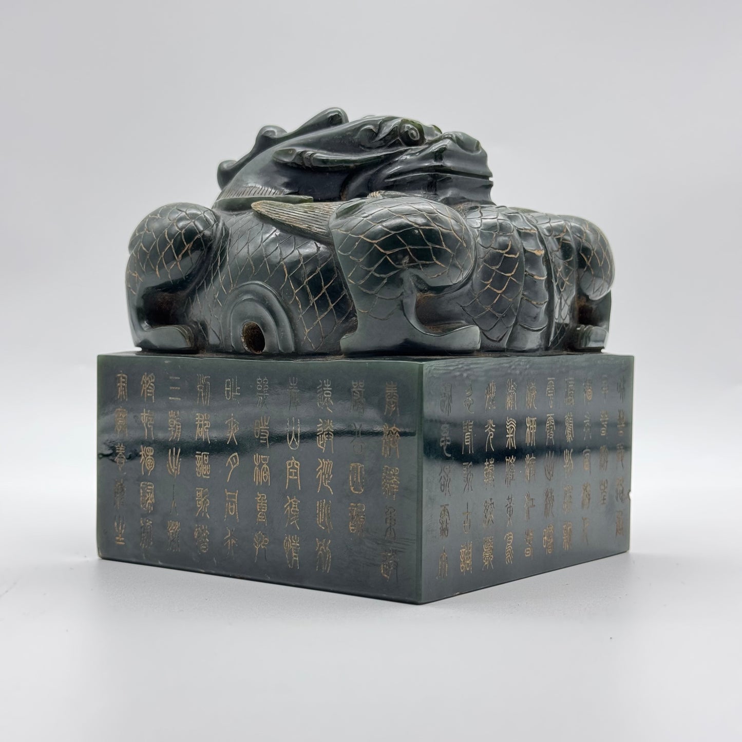 Rare Antique Natural Dark Green Nephrite Dragon Seal 3,120.1g 106.0 by 106.0 by 120.0mm with Wooden Box 4,254.4g 165.0 by 165.0 by 195.0mm