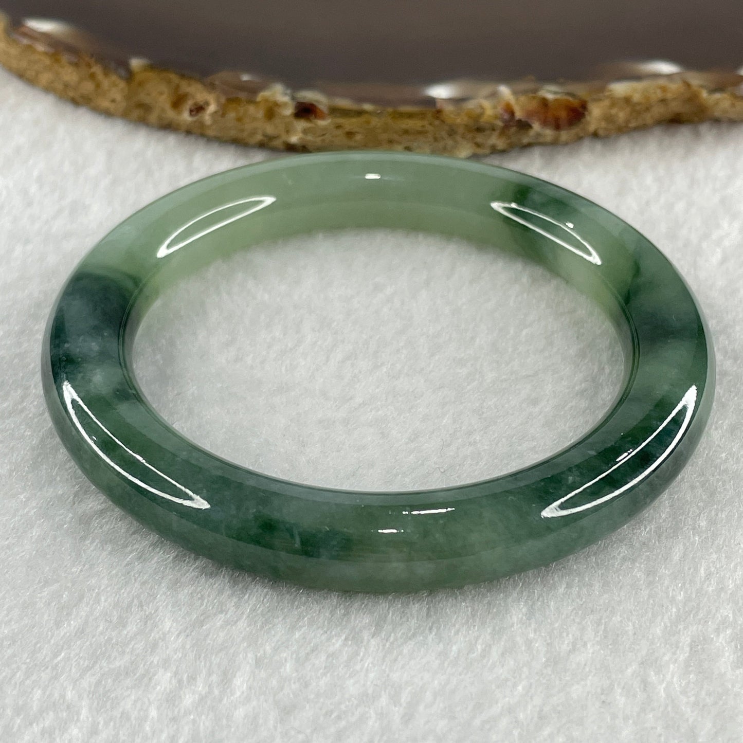 Certified Type A Natural Jelly Green with Dark Green Piao Hua Jadeite Bangle 52.87g Inner Diameter 56.0mm 9.5 by 10.1mm (Very Very Slight External Rough)