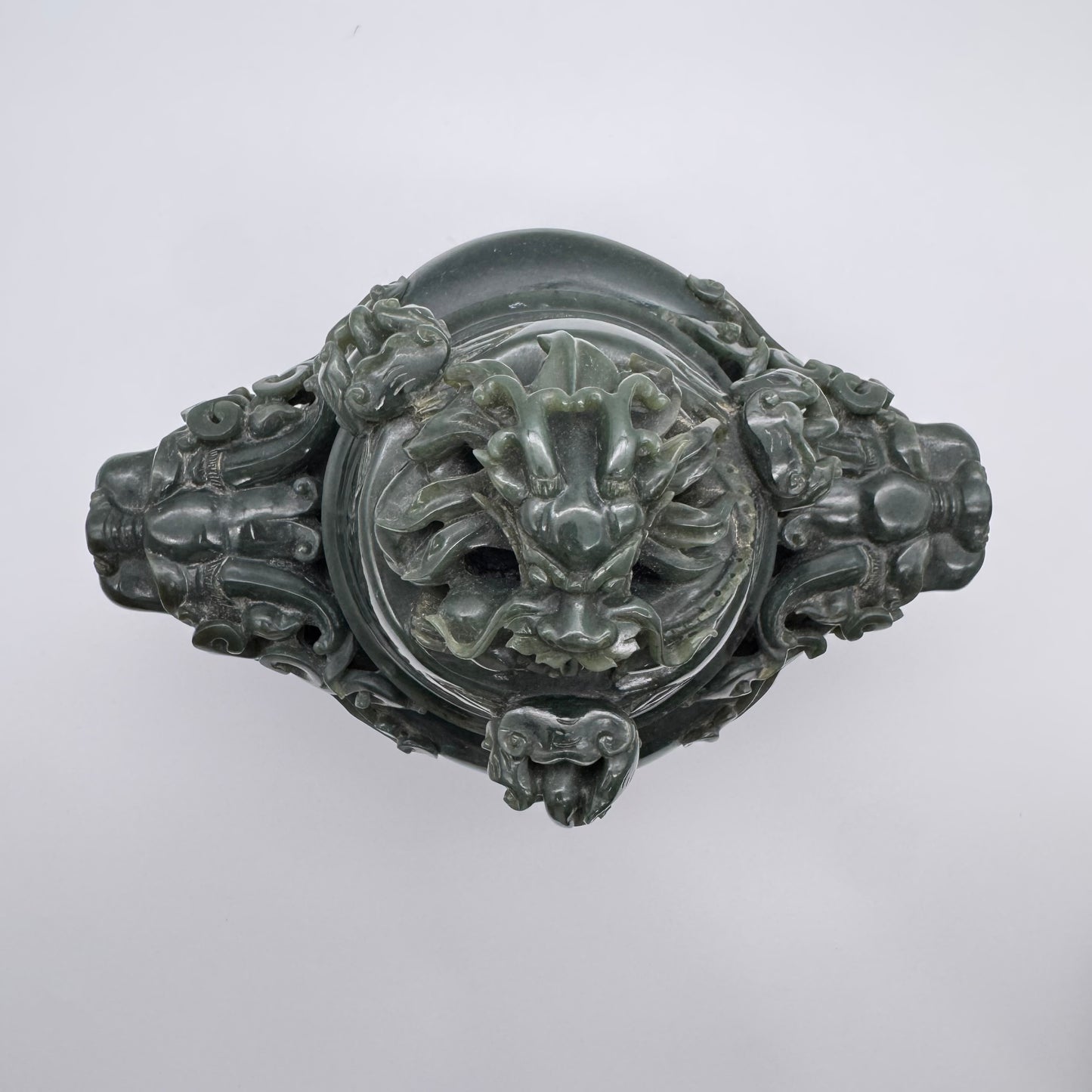 Rare Antique Natural Dark Green Nephrite Dragon Incense Burner 3,613.7g 250.0 by 170.0 by 215.0mm