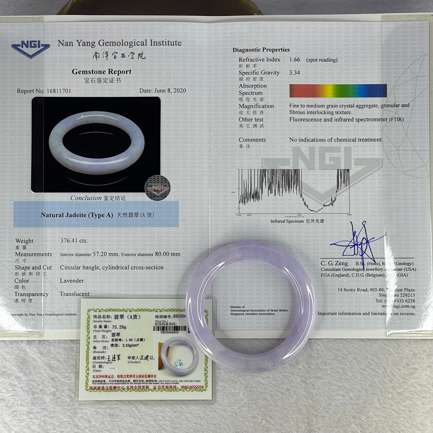 Rare High End Type A Translucent Full Intense Bright Lavender Jadeite Bangle 罕见高端 A 货全紫翡翠手镯 75.29g 371.41 cts Inner Diameter 57.20mm External Diameter 80.00mm 11.8 by 11.2mm (Perfect) with NGI Cert No. 16811701