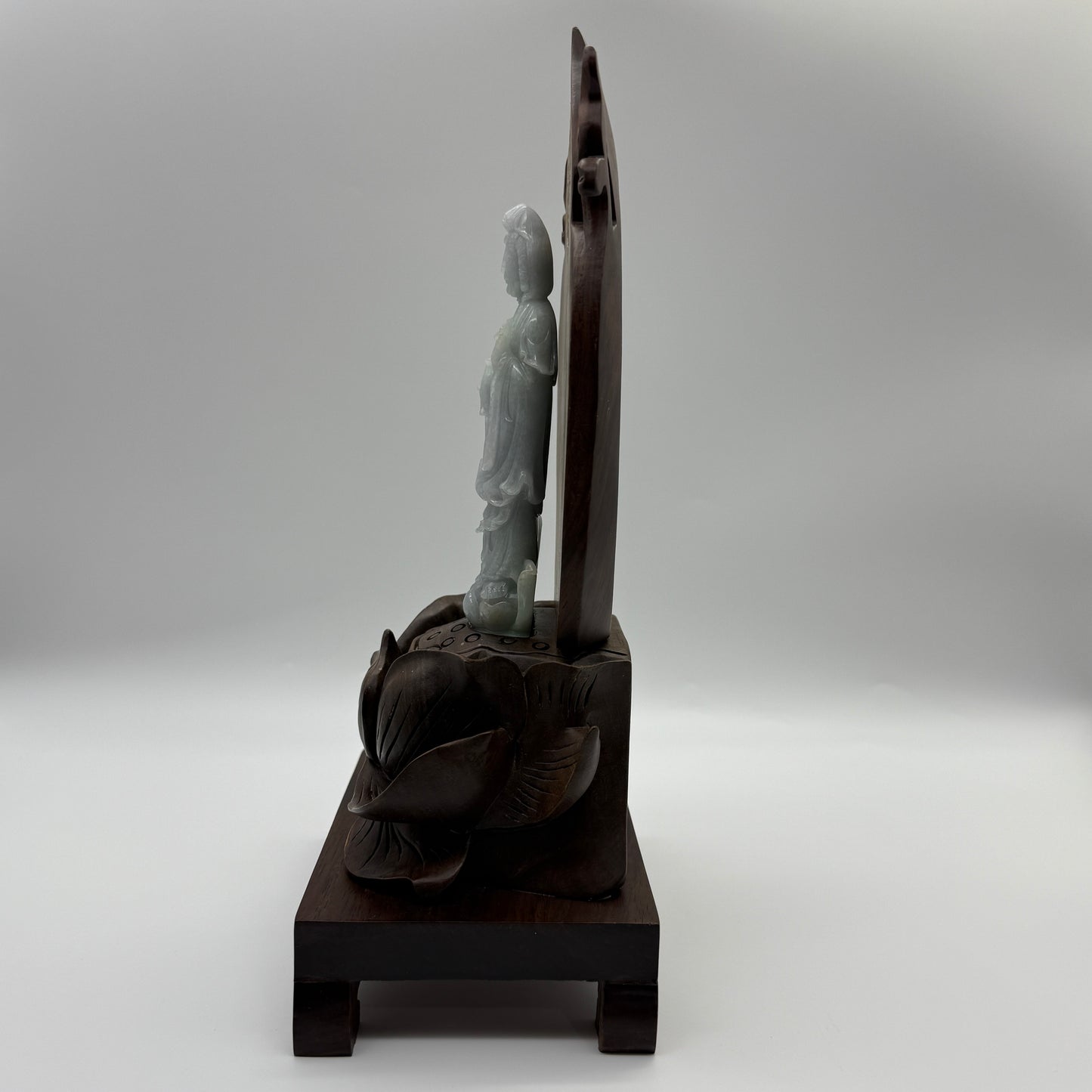 Type A Lavender and Green Jade Jadeite Guan Yin Display 210.5g 142.6 by 53.6 by 24.1mm with wooden stand total 1515g 310 by 152 by 106mm