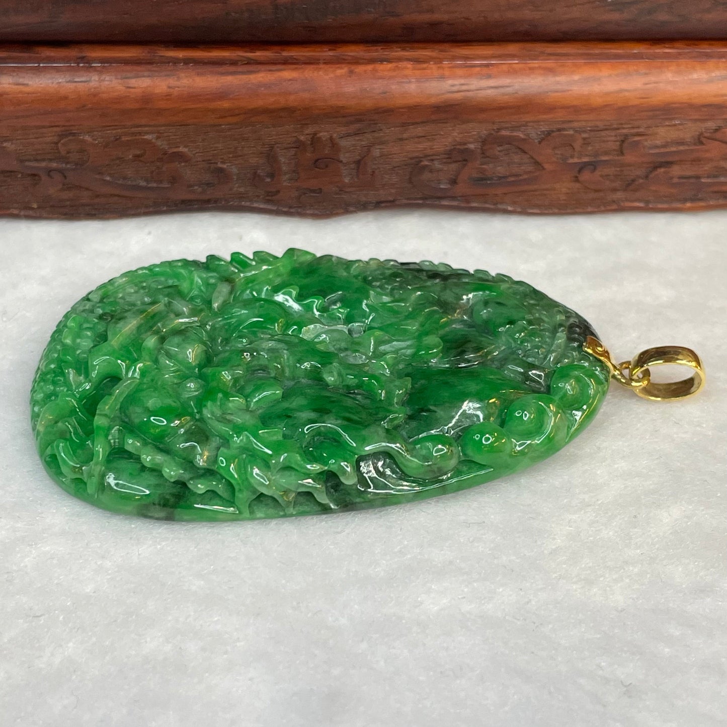 18K Yellow Gold Rare Type A Old Mine Lao Keng Spicy Green with Dark Green Patches Jade Jadeite Prosperity Dragon Feng Shui Pendant with NGI Cert 142.63 cts 57.91 by 36.09 by 7.43mm