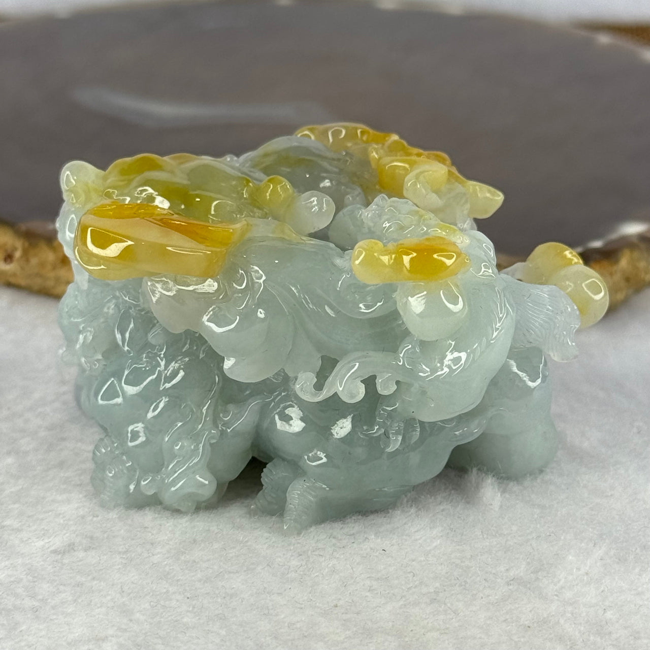 Certified Grand Master Rare Type A Green with Lavender and Yellow 3D Flying Pixiu with Baby, Ruyi and Coins Display 185.14g 41.0 by 64.3 by 48.0mm with Wooden Stand