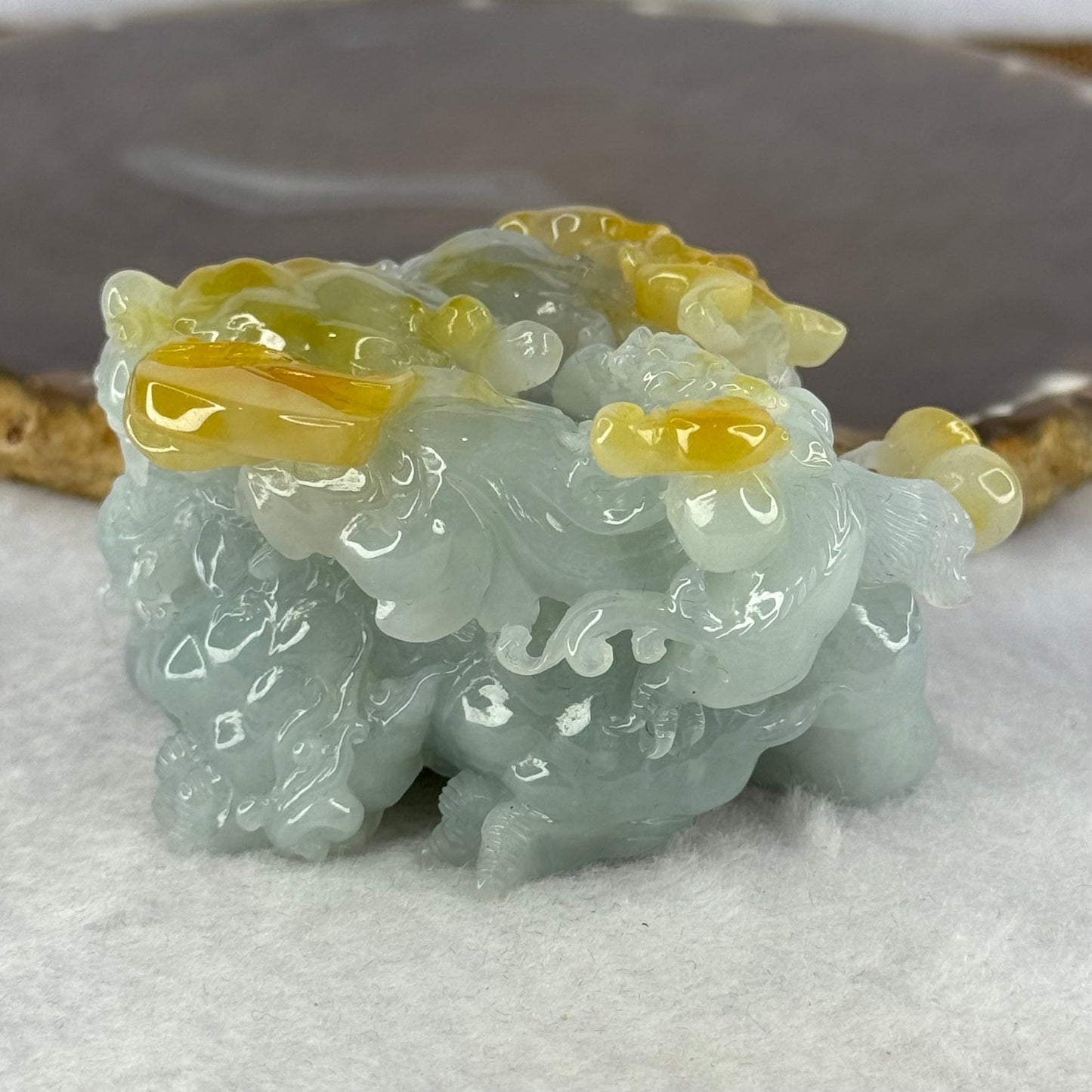 Rare Grand Master Type A Green with Lavender and Yellow 3D Flying Pixiu with Baby, Ruyi and Coins 大师A货三彩翡翠飞天貔貅摆件 185.14g 41.0 by 64.3 by 48.0mm with Wooden Stand