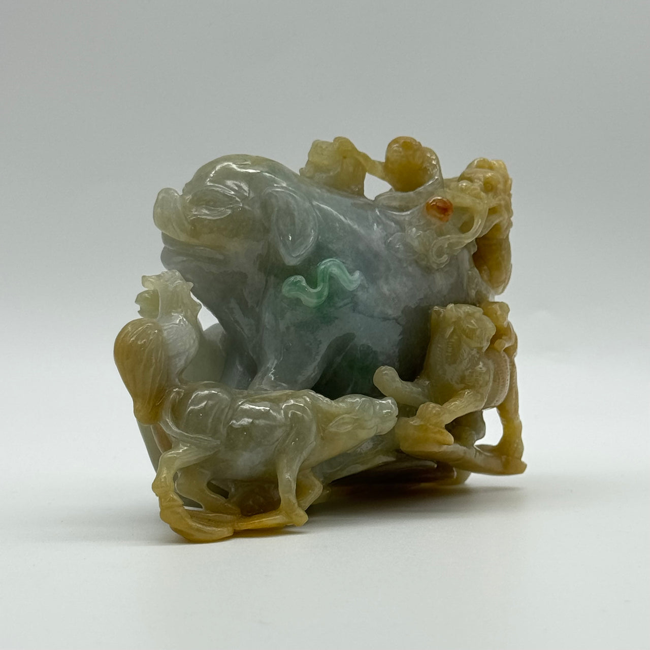 NGI Certified Rare Antique Natural 12 Zodiac Old Mine 3 colour Jade Jadeite Display 729.0g 126.5 by 68.5 by 83.9mm
