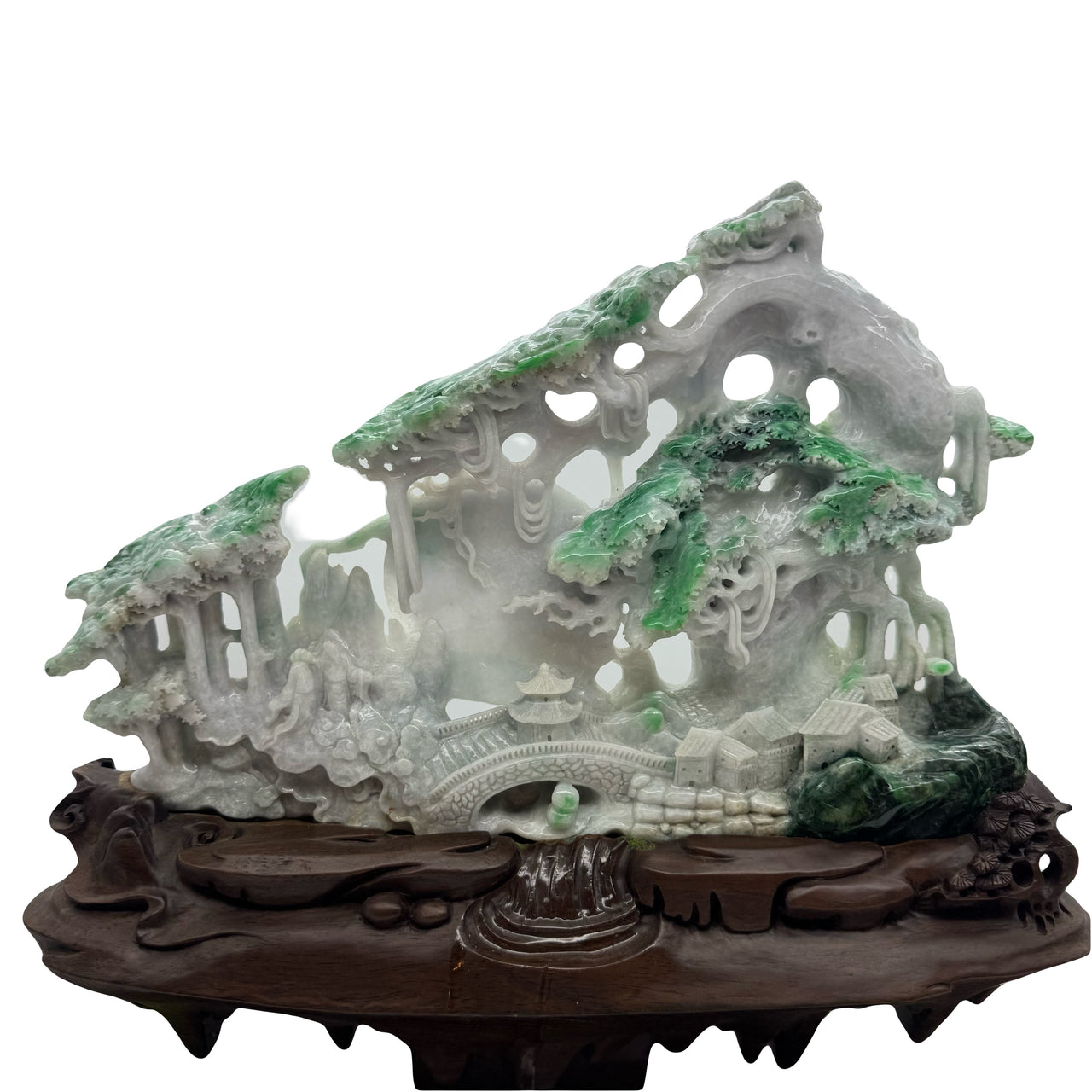 Type A Green, Yellow & Spicy Green Jade Jadeite Shan Shui 摆件多子多福 with Wooden Stand Display Piece - 3.015kg Dimensions with Stand - 51 by 40 by 19cm Jade Dimensions - 37 by 24 by 5cm