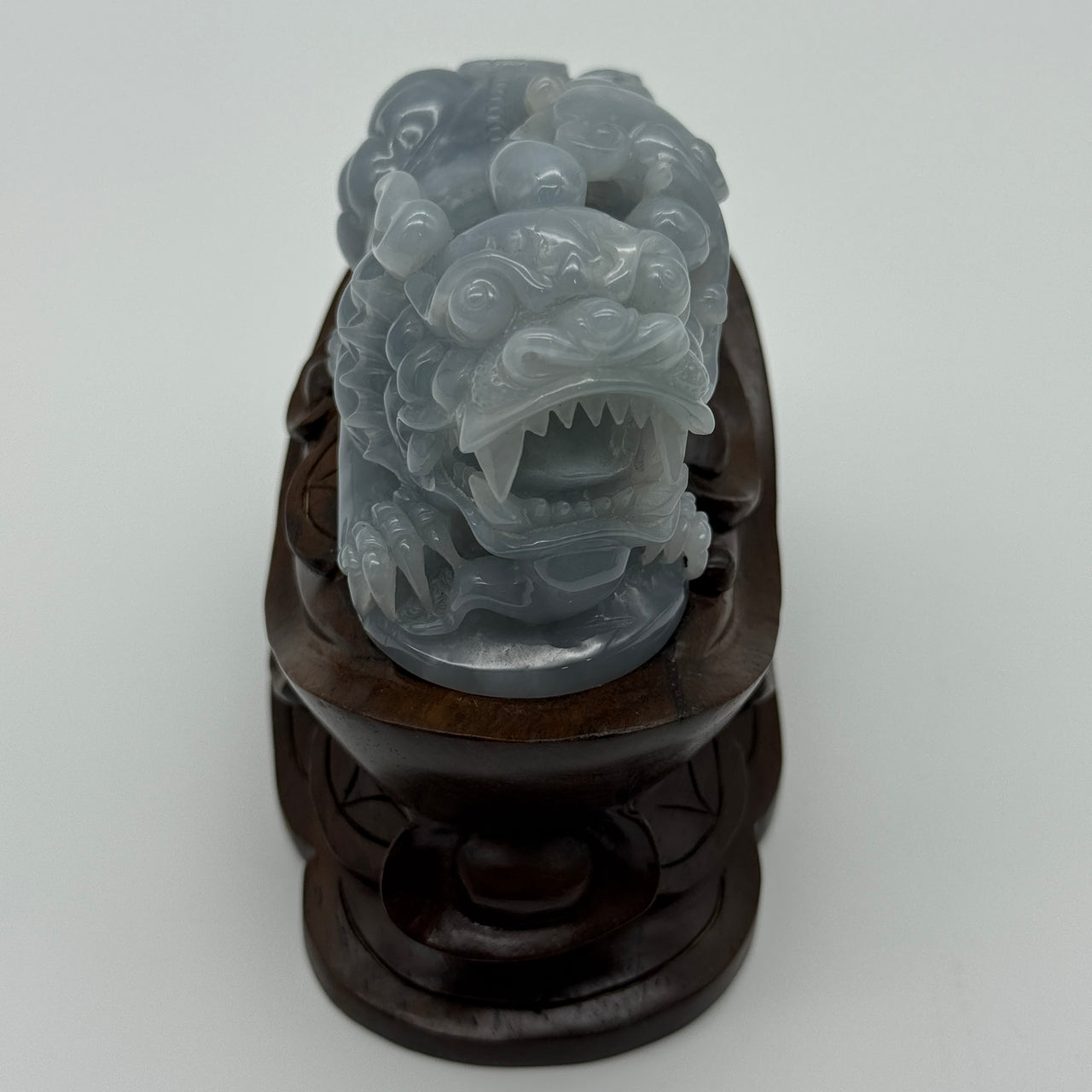 Type A Natural Old Pit Blueish Lavender Jade Jadeite Pixiu and Ruyi Display with Wooden Stand: Pixiu: 373.1g 93.1 by 43.1 by 43.7mm With Stand: 747.5g 215.4 by 111.5 by 99.6mm