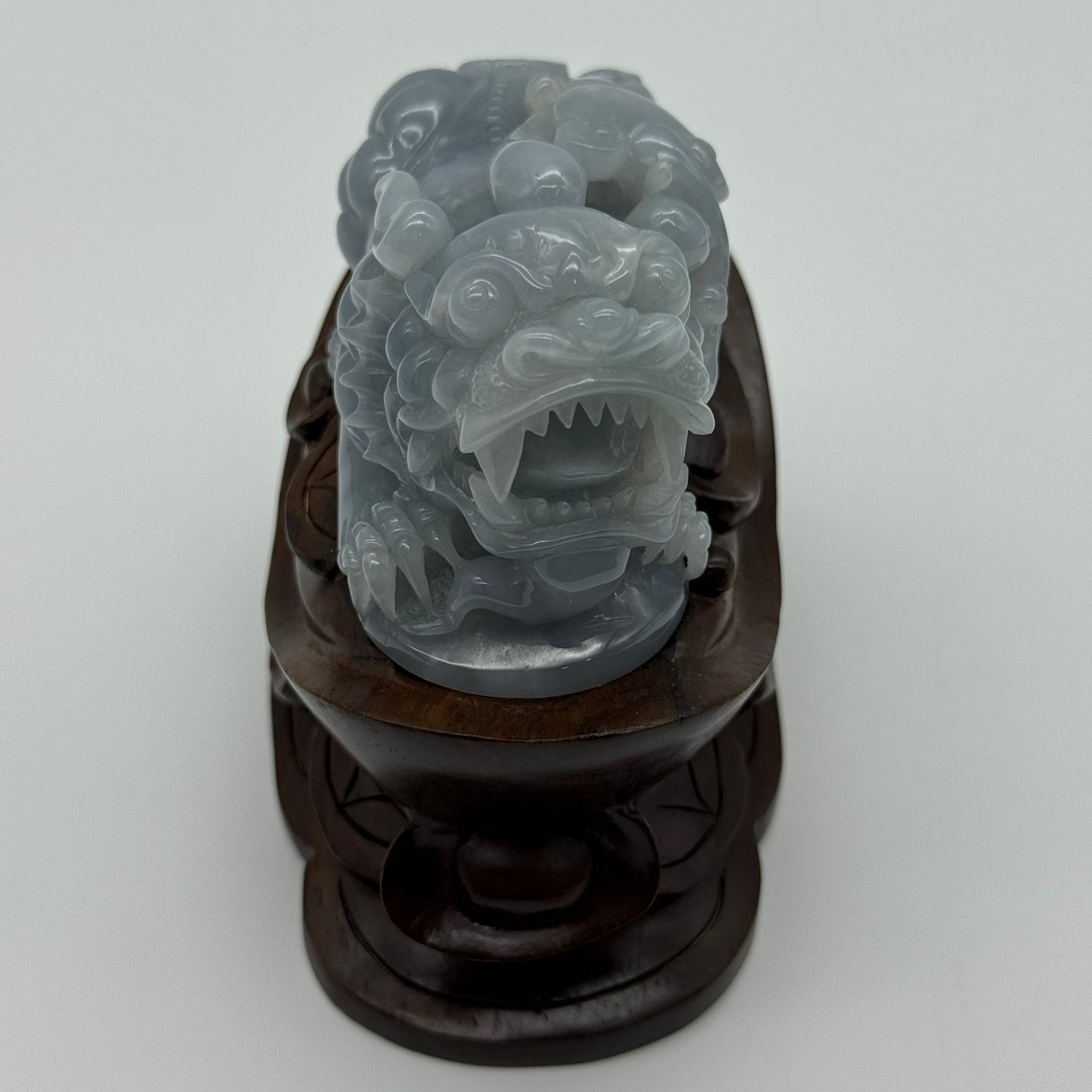 Type A Blueish Lavender Jade Jadeite Pixiu & Ruyi Display with Wooden Stand: Pixiu: 373.1g 93.1 by 43.1 by 43.7mm With Stand: 747.5g 215.4 by 111.5 by 99.6mm