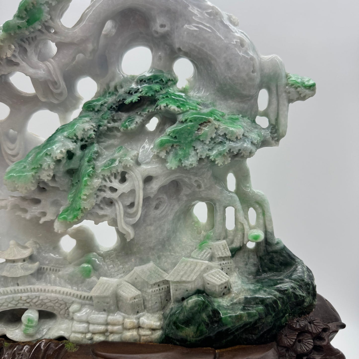 Type A Green, Yellow & Spicy Green Jade Jadeite Shan Shui 摆件多子多福 with Wooden Stand Display Piece - 3.015kg Dimensions with Stand - 51 by 40 by 19cm Jade Dimensions - 37 by 24 by 5cm