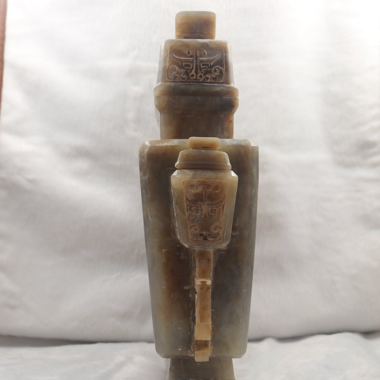Rare Antique Natural Grey with Yellow White Patches Nephrite Double Pixiu Vase 3,014.3g 225.0 by 83.0 by 280.0mm