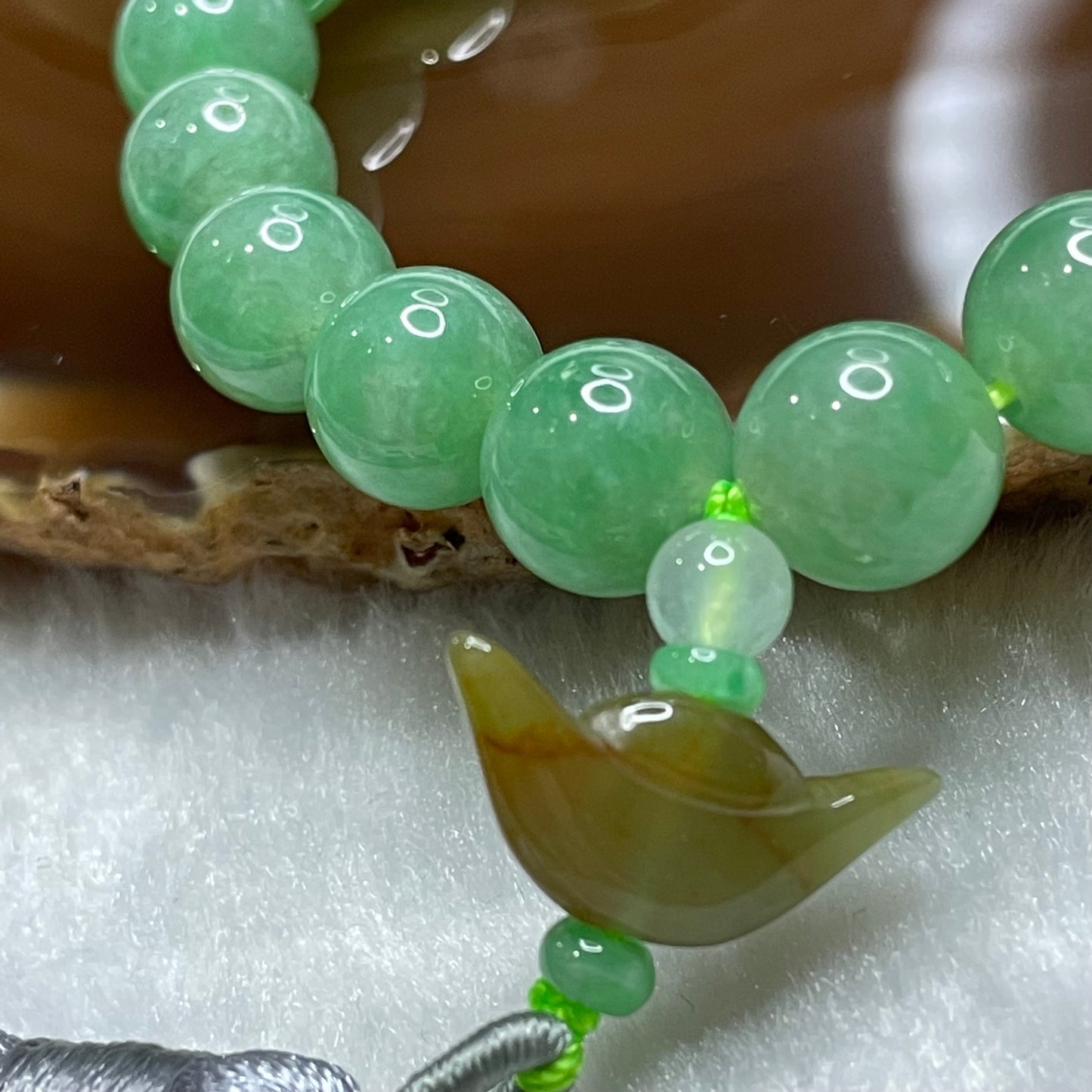 Rare Type A Semi Icy Full Green Jade Jadeite Beads Bracelet & Yellow Jade Ingot 35.34g 10.0mm/bead 18 beads