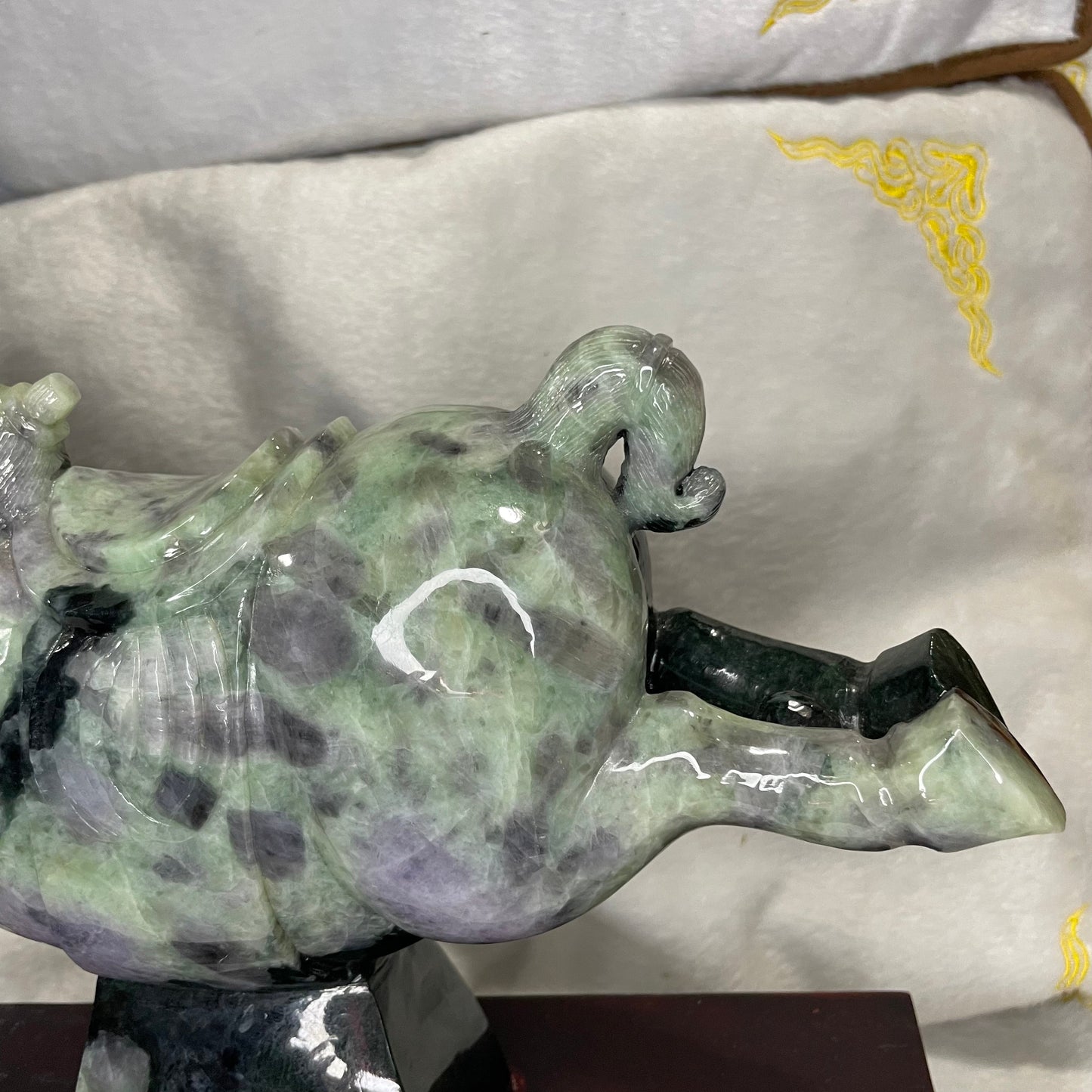 Type A Green with Lavender Jadeite Pair of Horses 马到成功 马上成功 马上发财 with Wooden Stand Display Piece - 9.53kg Dimensions with Stand: 30 by 28 by 12cm Jade Dimensions: 28 by 24 by 9cm