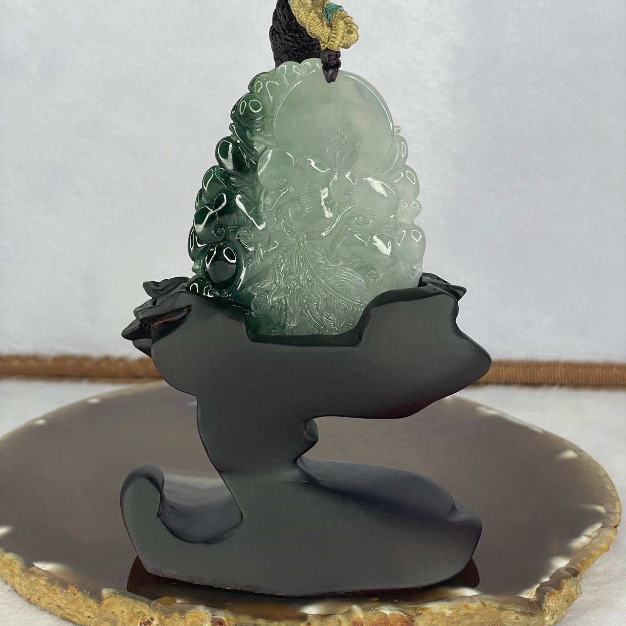 Certified Grand Master Type A Icy Light Green with Green Jadeite Phoenix Ruyis and Flower Pendant Display 71.83g 65.7 by 48.2 by 12.5mm with Wooden Stand for Career Progression and Recognition