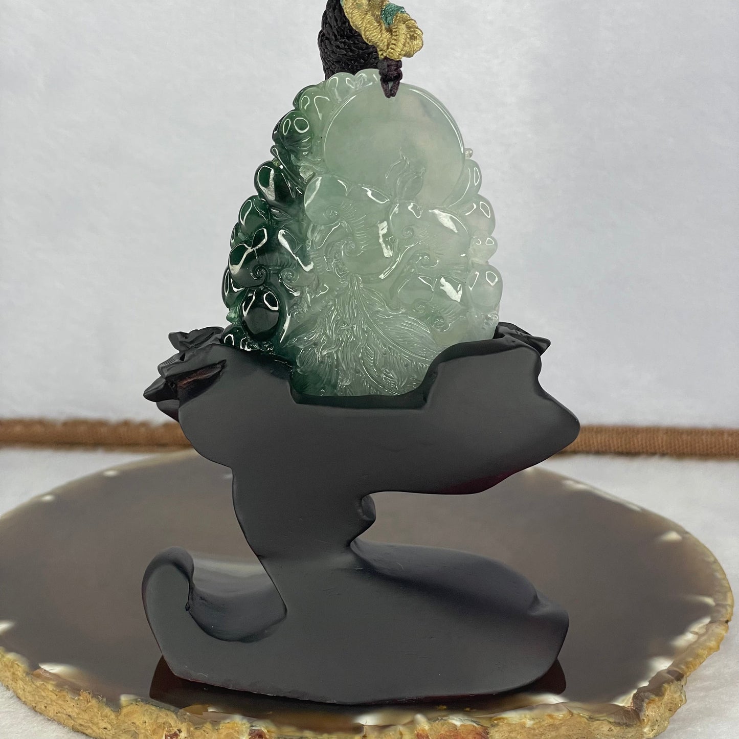 Grand Master Type A Icy Light Green with Green Jadeite Phoenix, Ruyis and Flower Pendant Display 71.83g 65.7 by 48.2 by 12.5mm with Wooden Stand for Career Progression and Recognition