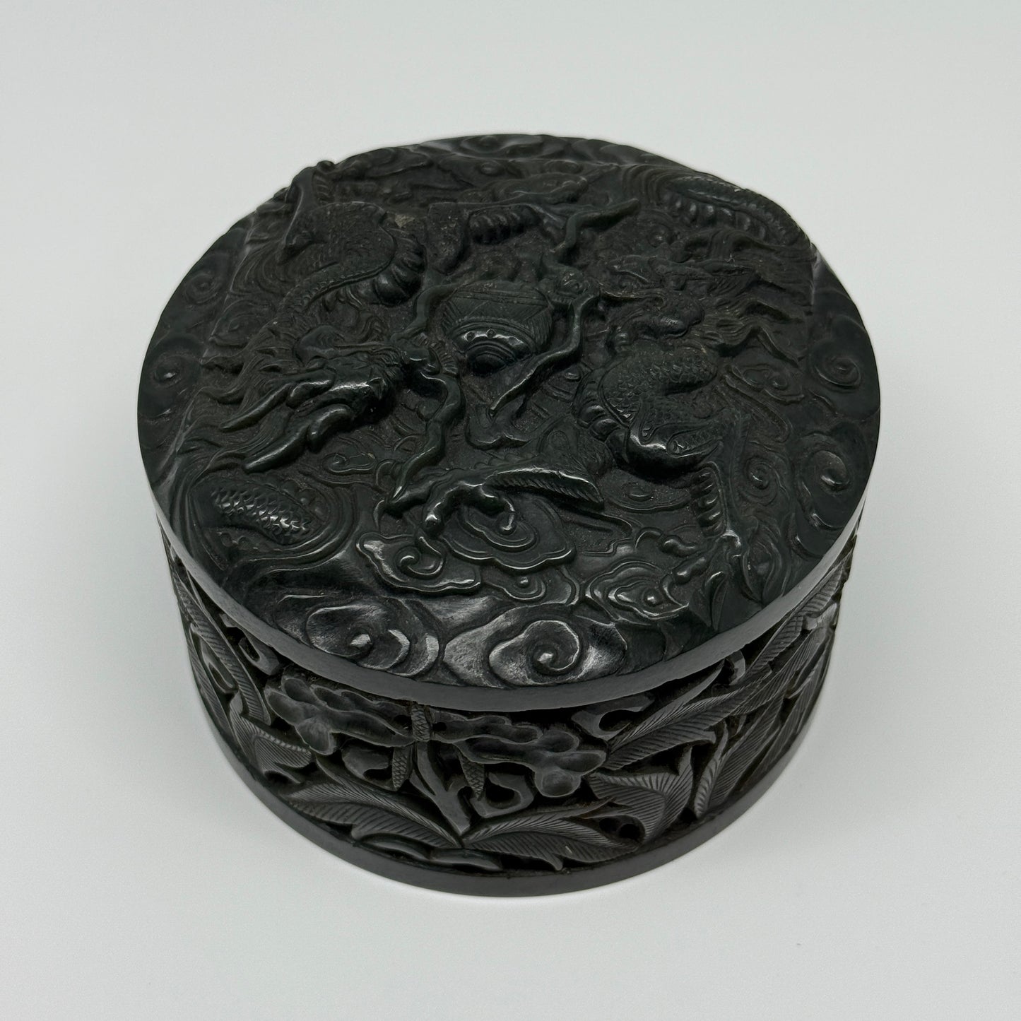 Antique Dark Green Nephrite Double Dragons in Clouds with Flowers and Leaves Seal 1,625.5g 108.2 by 107.6 by 71.6mm