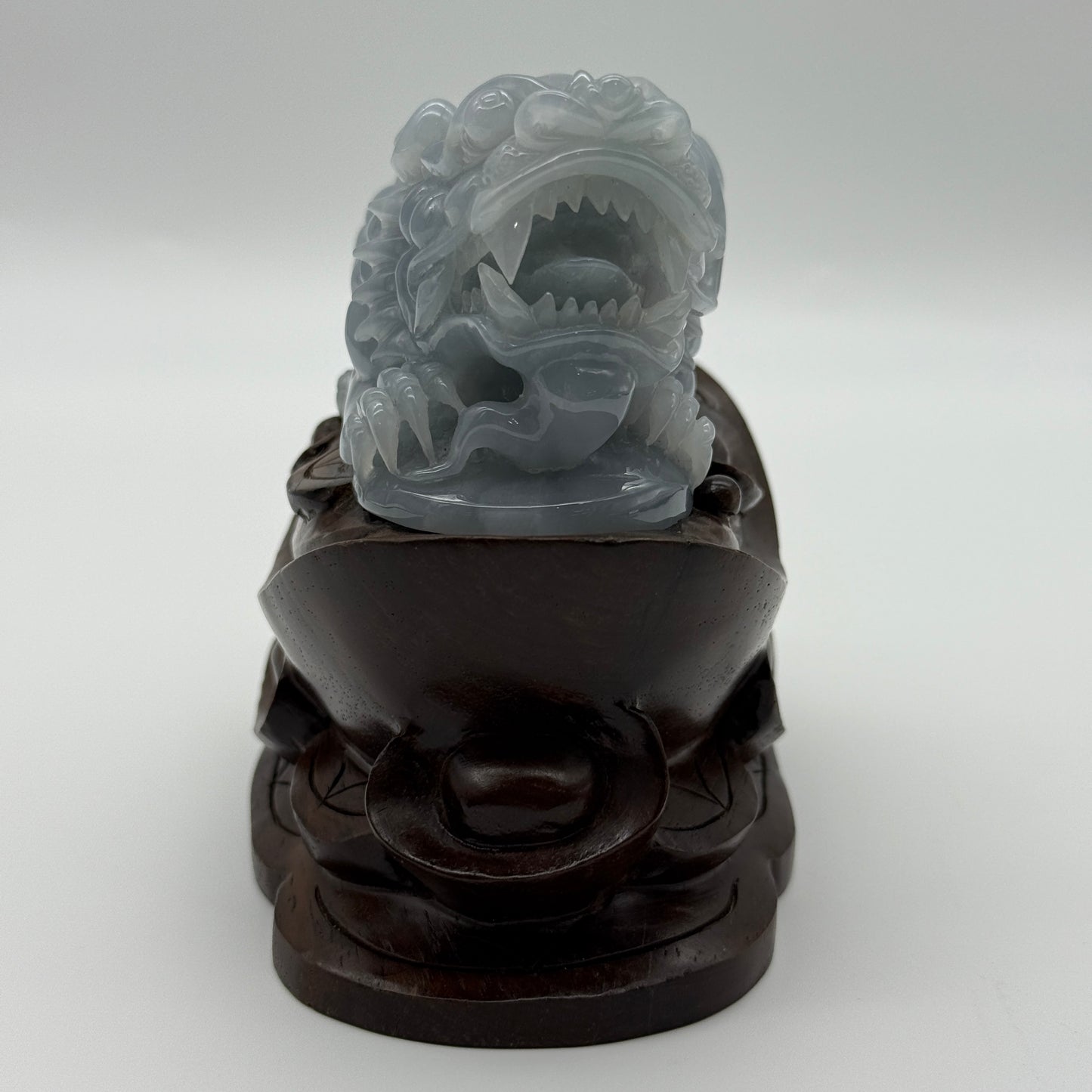 Type A Blueish Lavender Jade Jadeite Pixiu & Ruyi Display with Wooden Stand: Pixiu: 373.1g 93.1 by 43.1 by 43.7mm With Stand: 747.5g 215.4 by 111.5 by 99.6mm