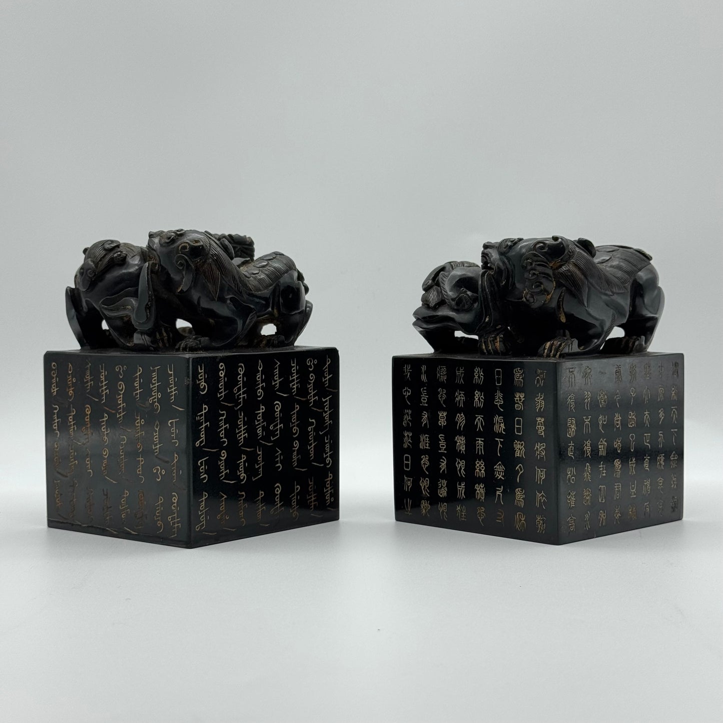 Rare Antique Natural Dark Green Nephrite Seal Pair of Twin Double Pixiu Stamp 5,596.2g 86.4 by 86.9 by 120.2mm with Wooden Box 355.0 by 165.0 by 190.0mm