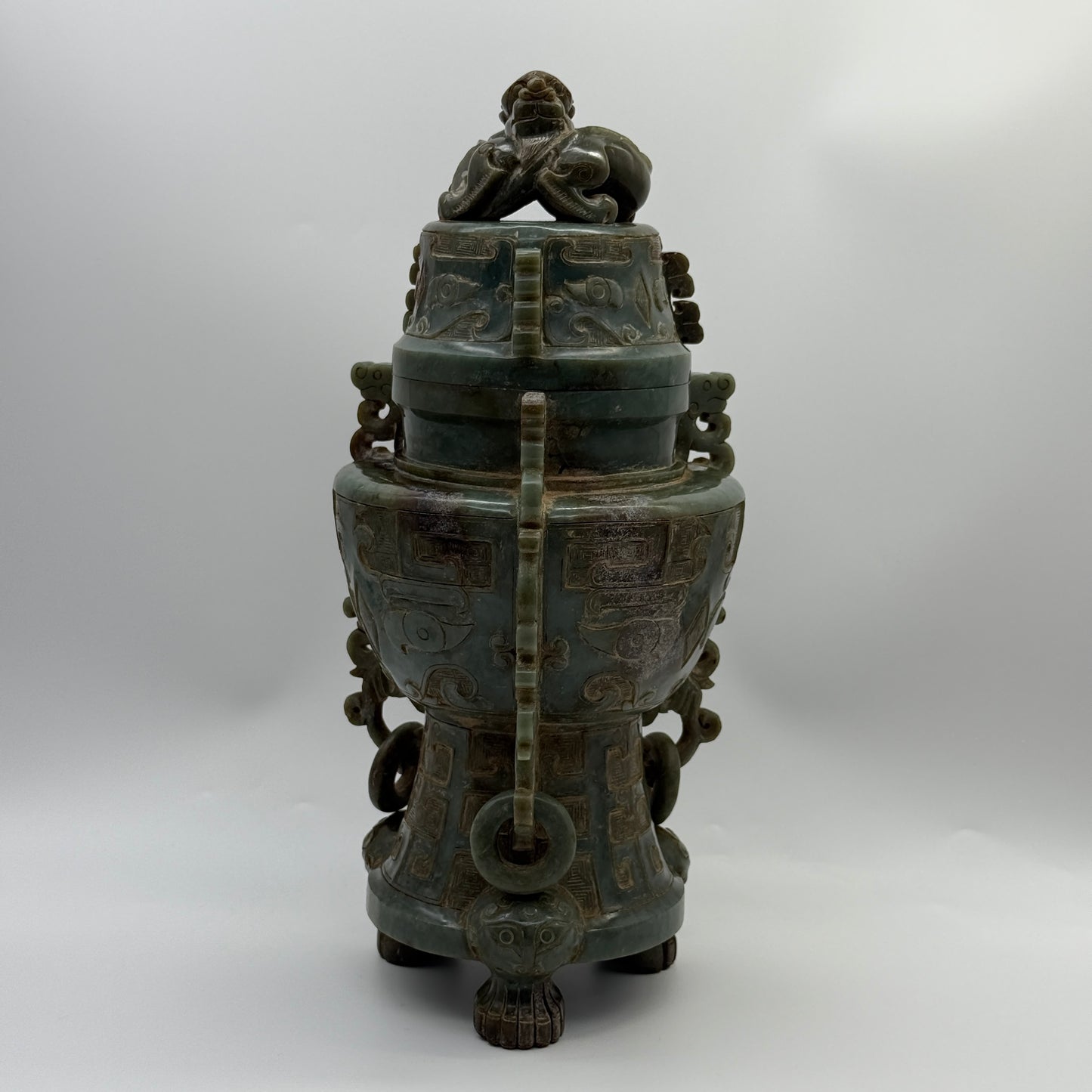 Rare Antique Natural Green with Brown Patches Nephrite Pixiu Vase 3,113.3g 148.0 by 160.0 by 335.0mm